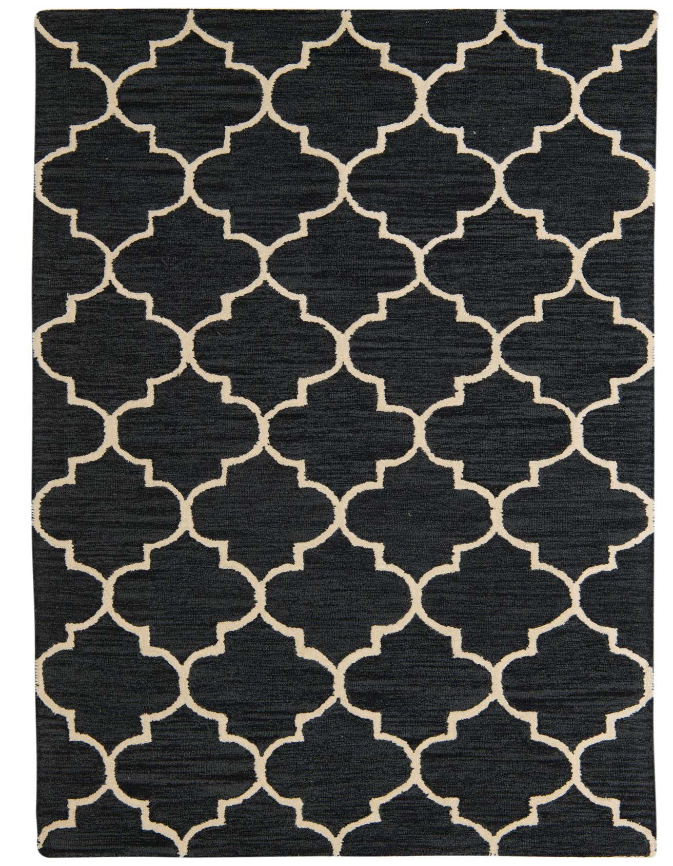 A 5x8 rectangular Luna Collection rug featuring a modern abstract trellis pattern in black with light beige outlines.