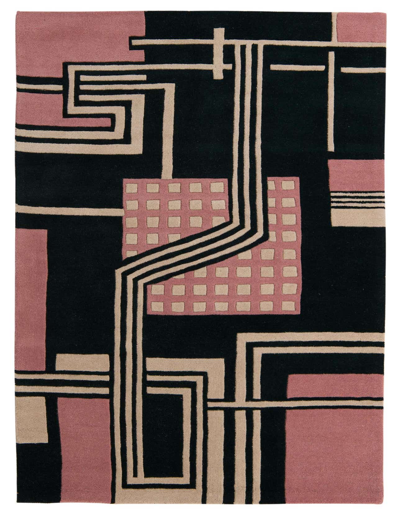 A 5x8 rectangular Luna rug with a modern abstract pattern in black, blush pink, and beige, featuring geometric lines and shapes.