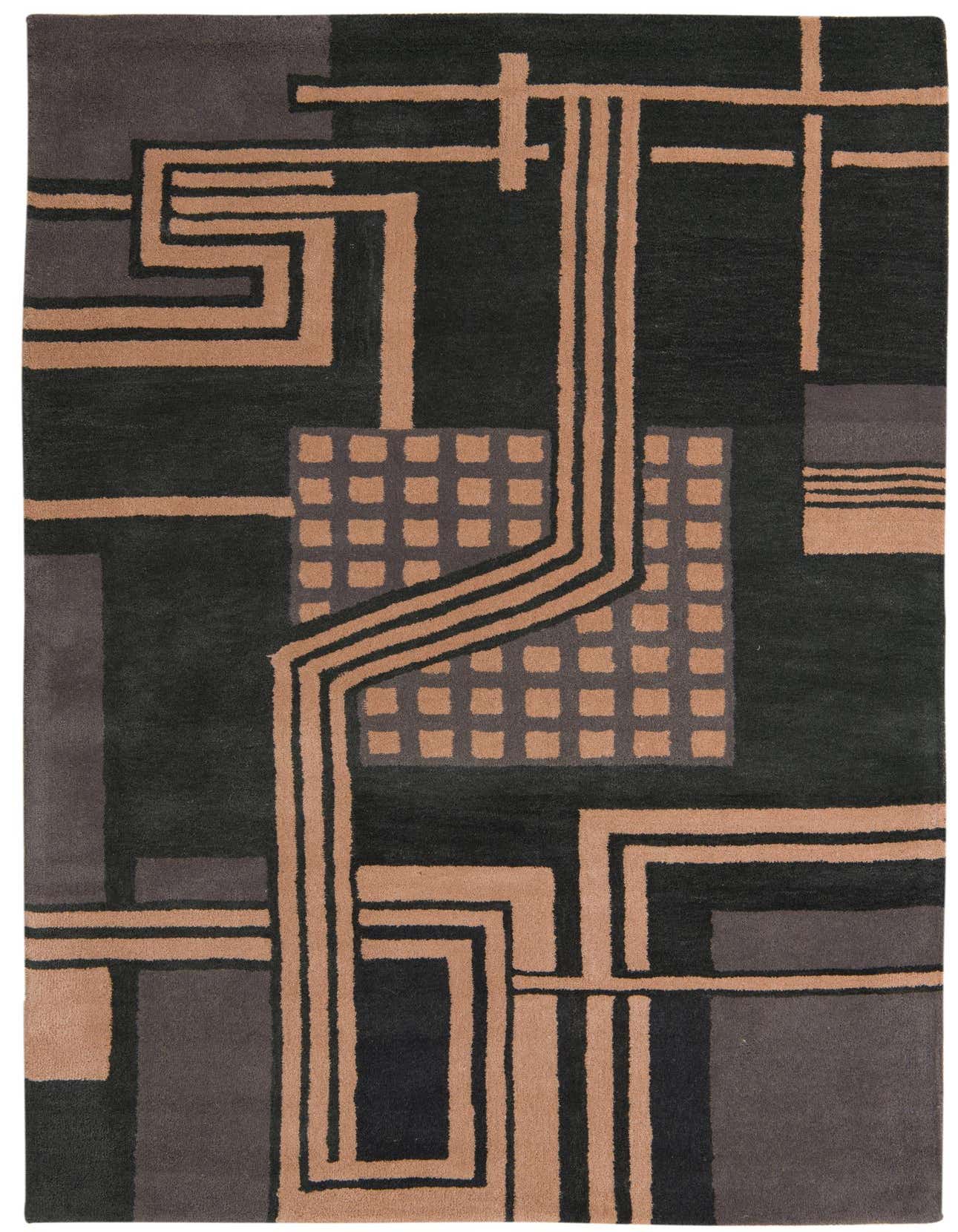 A 5x8 rectangular Luna rug with an abstract pattern in black, dark gray, and tan, featuring geometric lines and a checkered square.