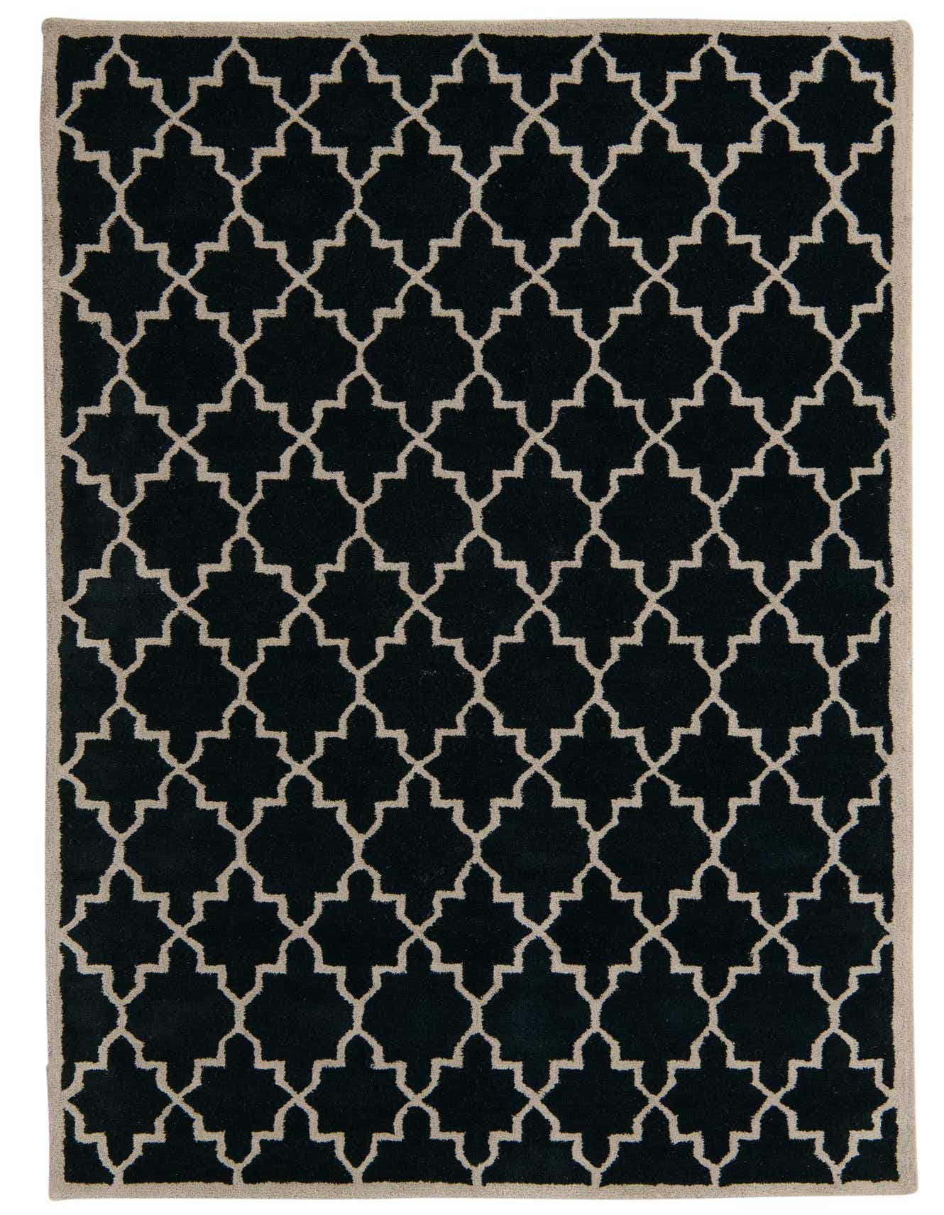 A 5x8 rectangular Luna rug by Rugs.com, featuring a black background with a beige modern trellis pattern and border.