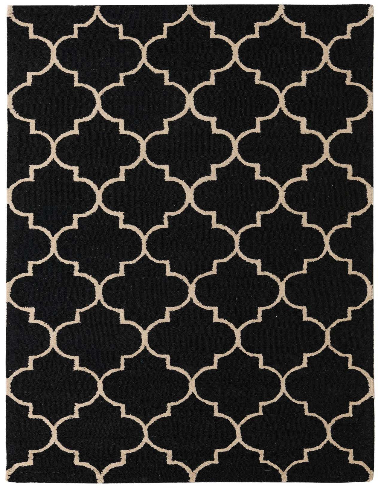 A 5x8 rectangular black area rug with a repeating modern abstract trellis pattern in light beige.