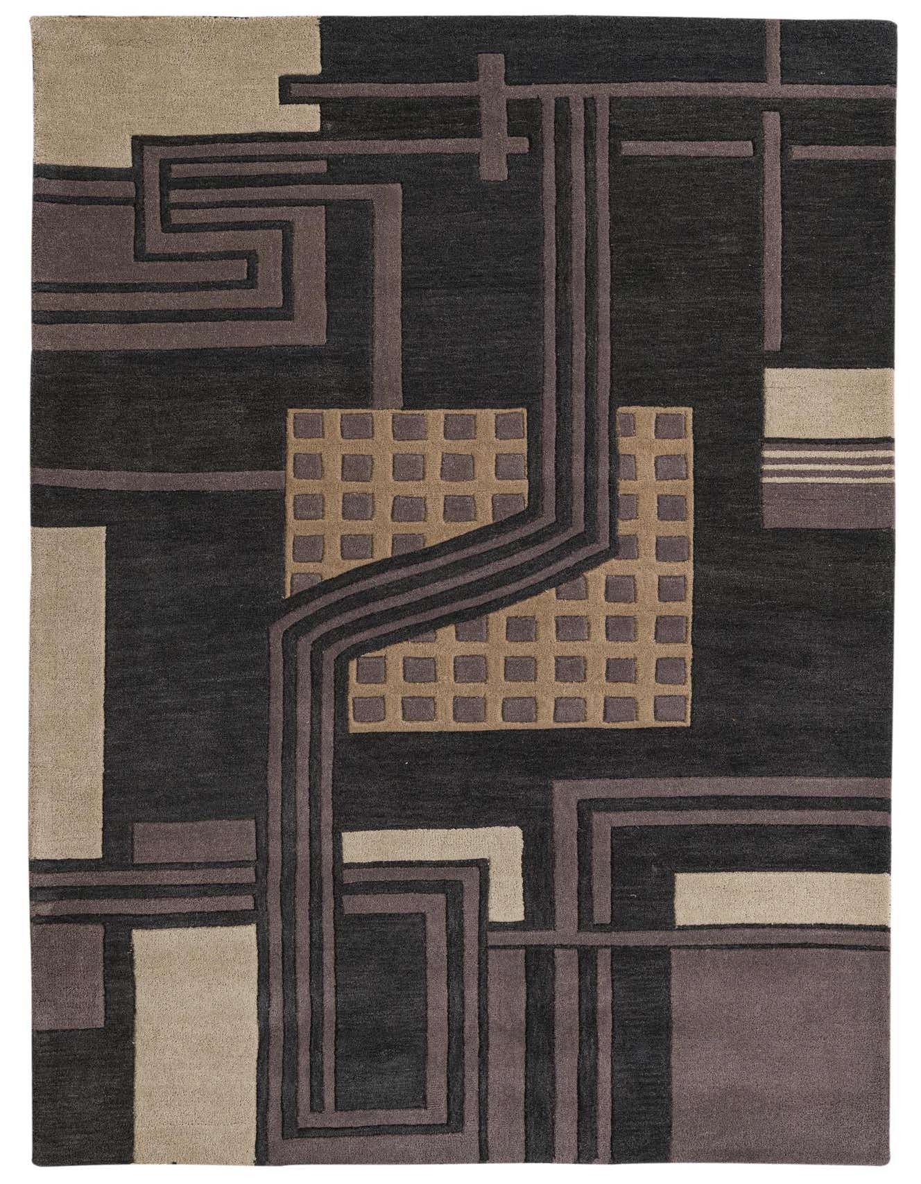 A 5x8 rectangular black modern abstract rug with geometric patterns in black, brown, and beige.