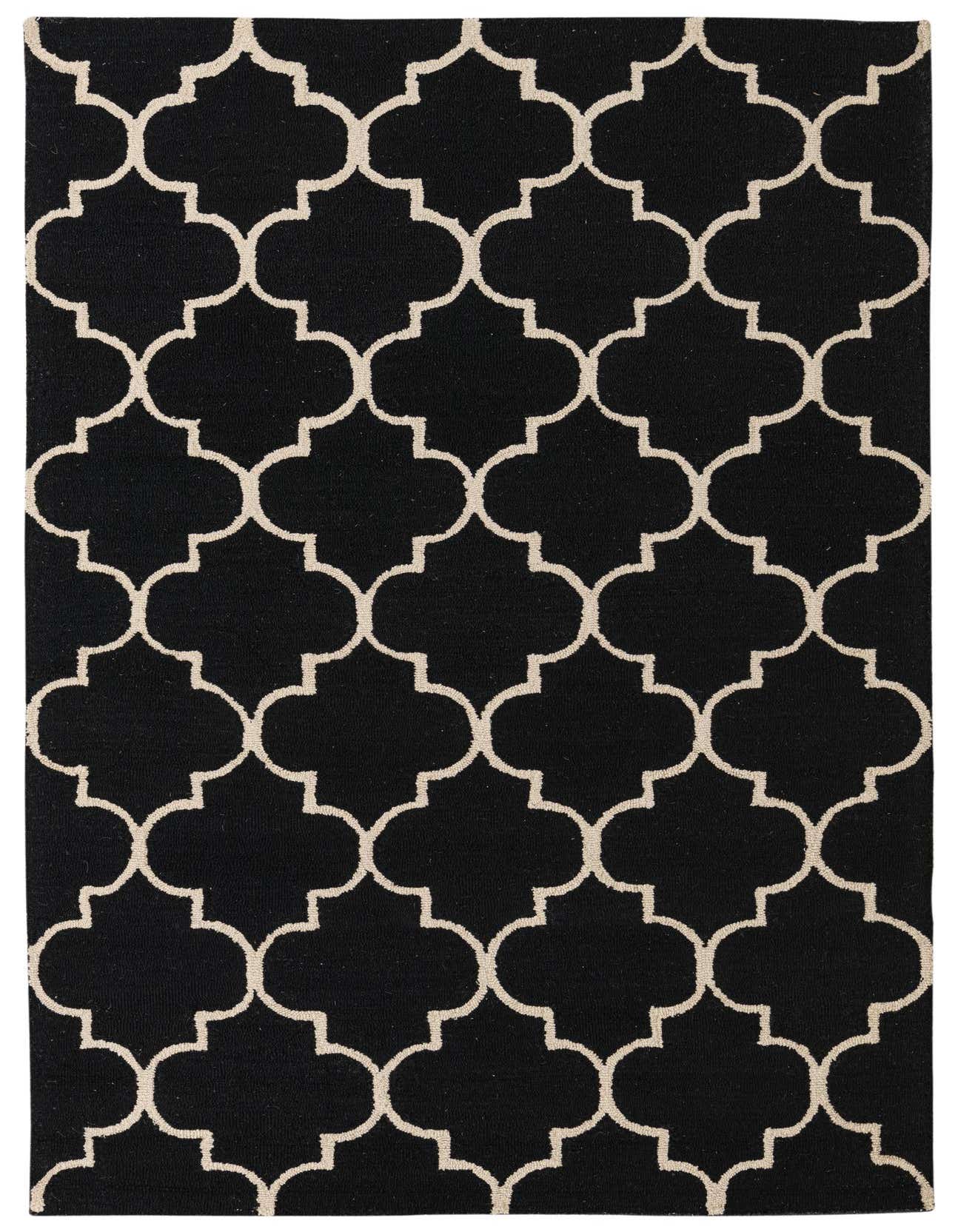 A 5x8 rectangular Luna rug in black with a repeating off-white modern medallion pattern, suitable for a living room.