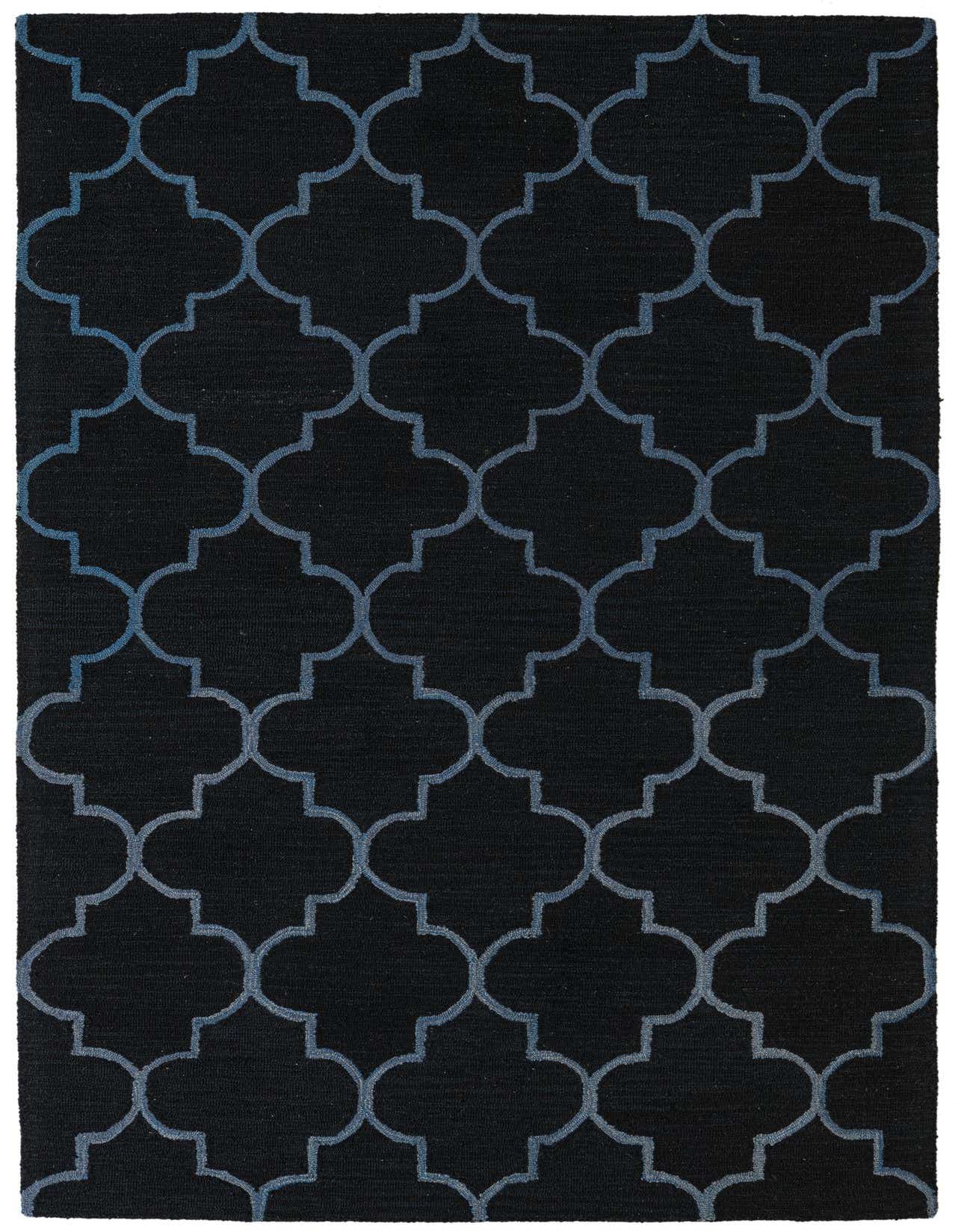 A 5x8 rectangular black wool rug with a repeating modern abstract blue quatrefoil pattern, ideal for a living room.