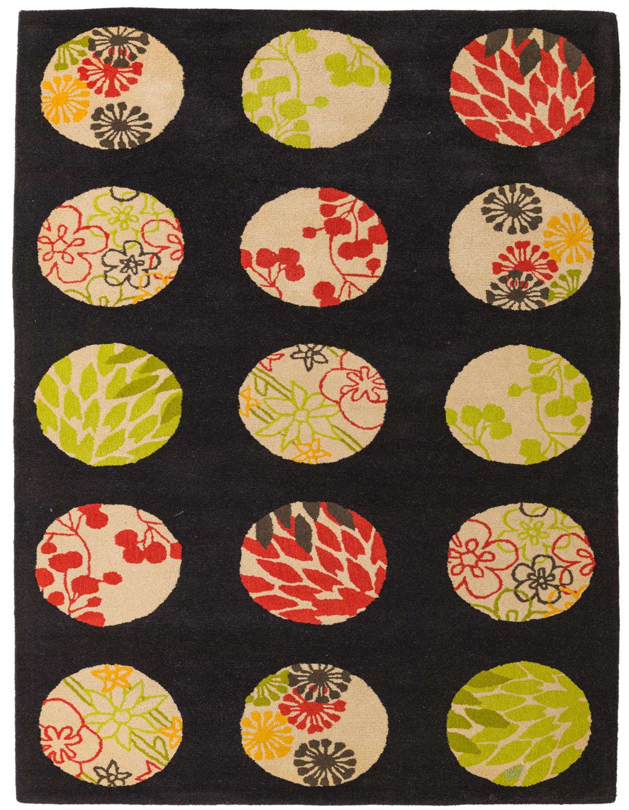 A 5x8 rectangular black wool rug featuring large circular patterns with colorful abstract floral and leaf designs.
