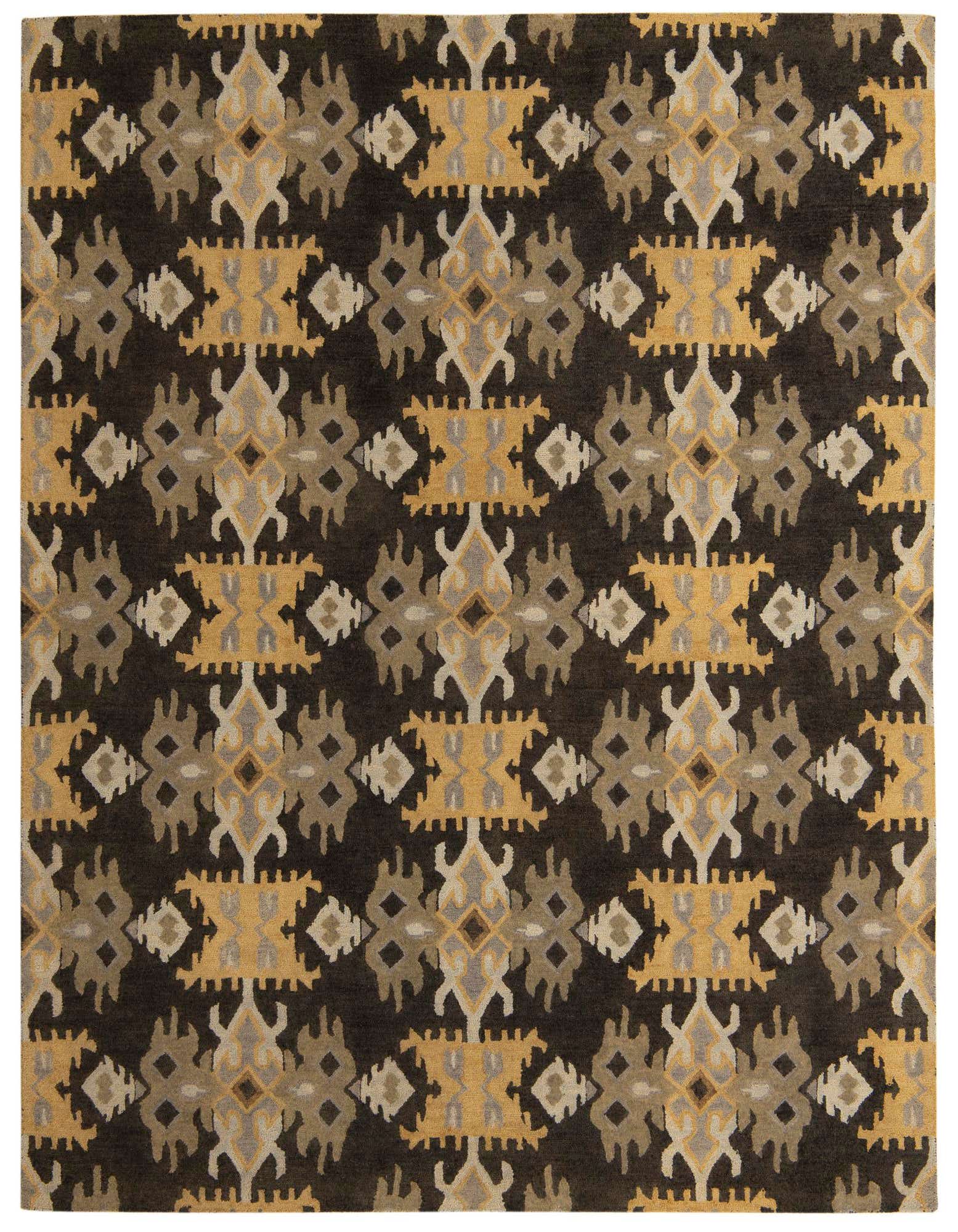 A rectangular 8x10 Luna Collection rug with a modern geometric pattern in black, gold, and grey tones.