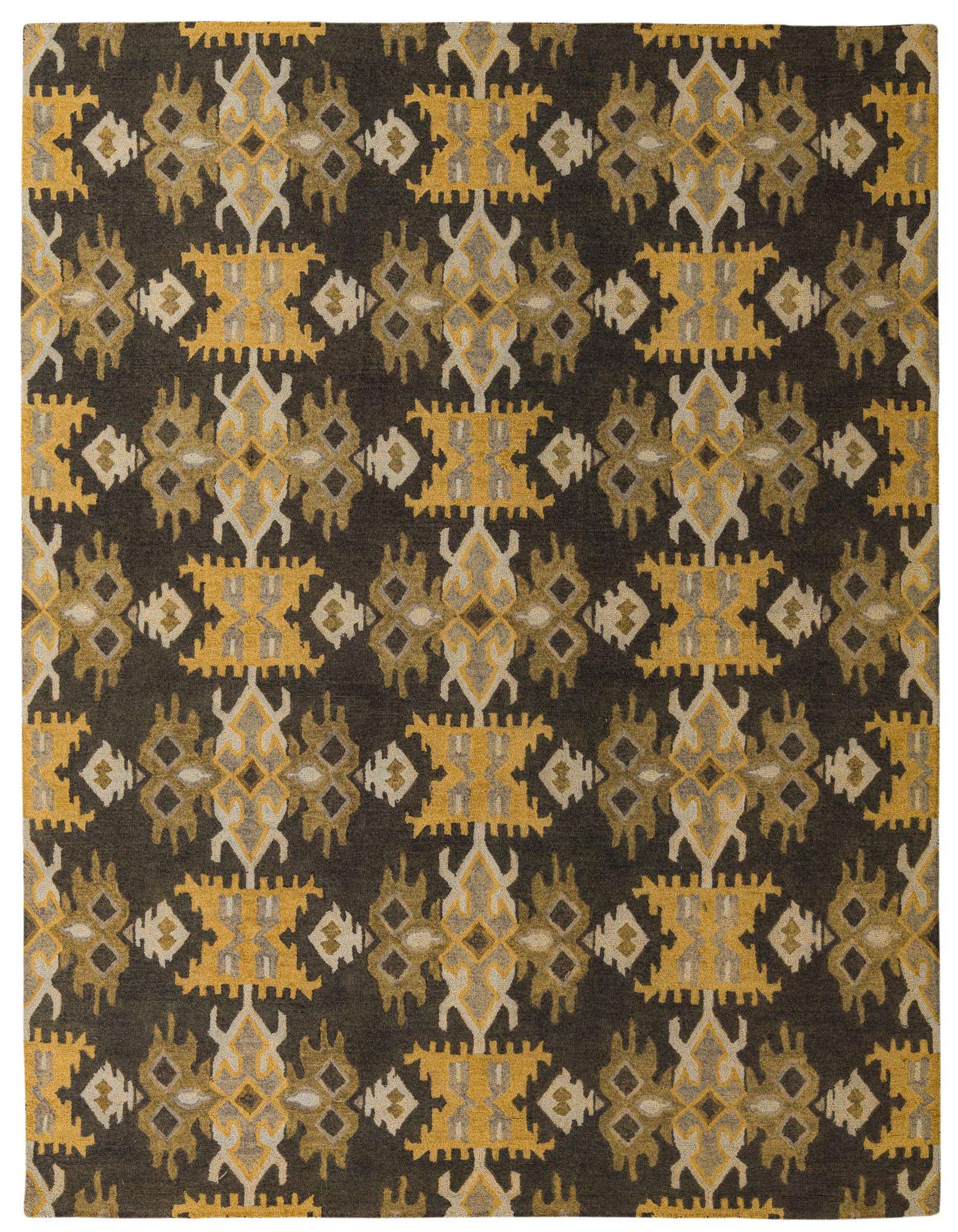 A rectangular 8x10 Luna Collection rug with a modern abstract pattern in black, gold, and grey.