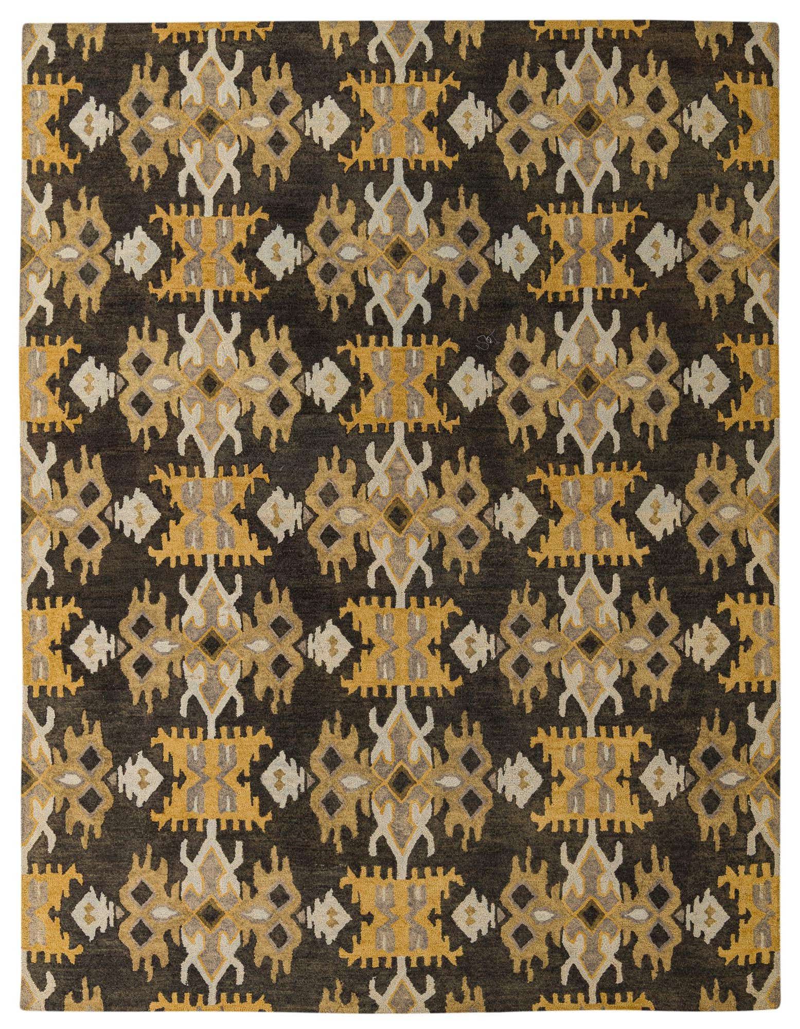 A rectangular 8x10 Luna rug featuring a modern abstract pattern in black, gold, and cream, ideal for a living room.