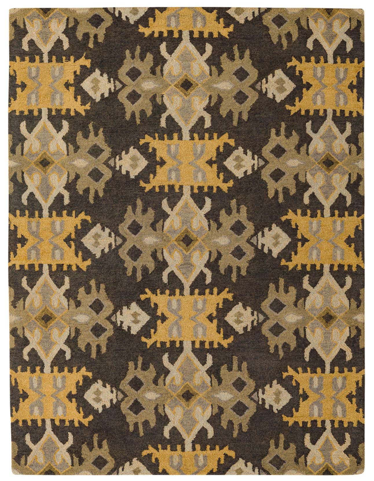 A 5x8 rectangular black wool rug with a high pile, featuring a modern abstract pattern in mustard yellow, light grey, and beige.