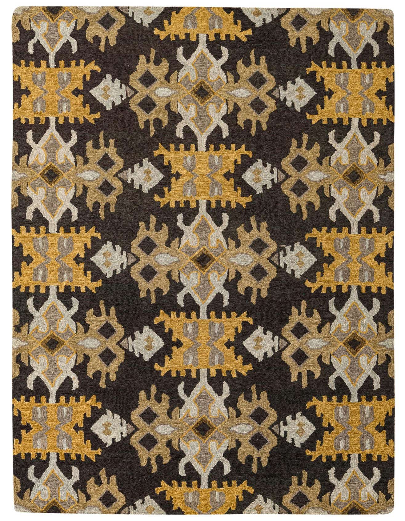 A 5x8 rectangular Luna collection rug featuring a modern abstract pattern in black, gold, and beige tones.