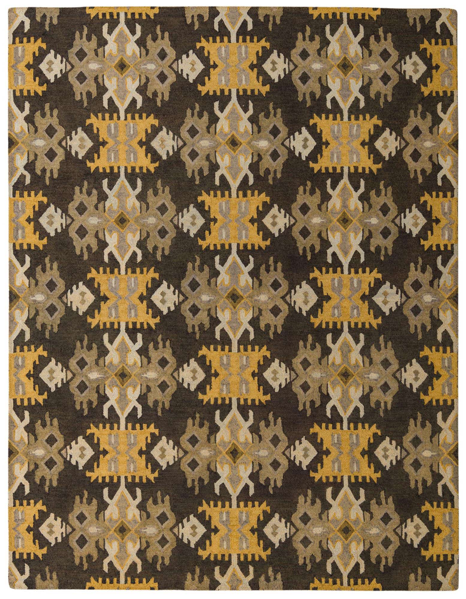 A rectangular 8x10 Luna Collection rug with a modern abstract pattern in black, gold, and cream tones.