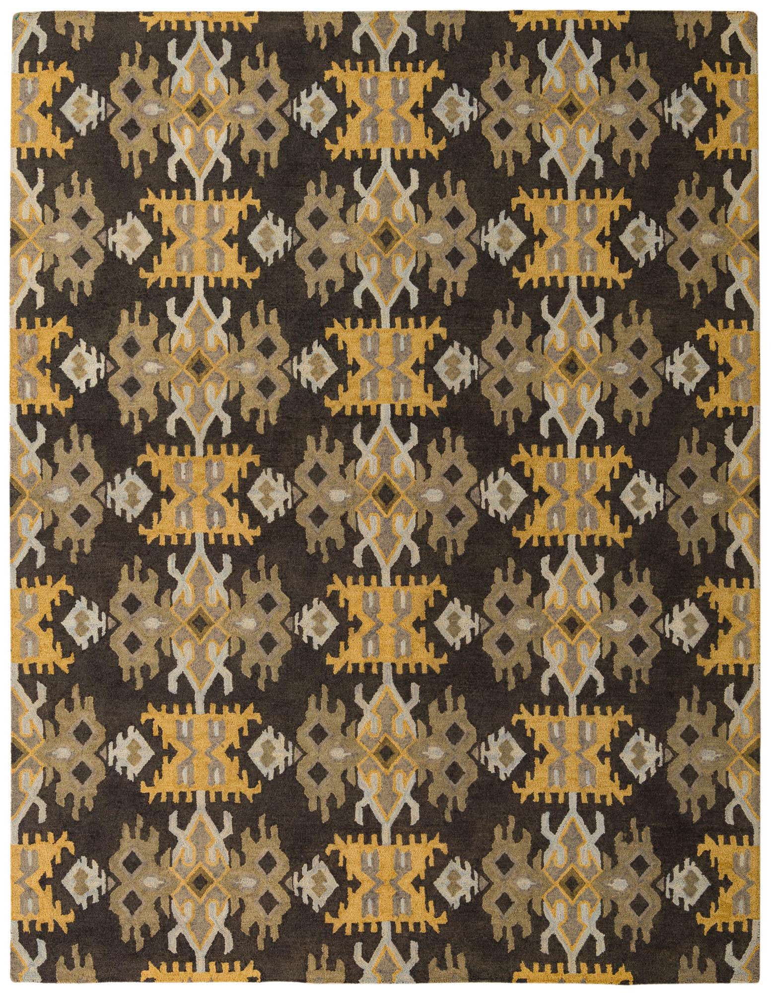 A rectangular 8x10 Luna rug featuring a modern abstract pattern in black, gold, and beige tones.
