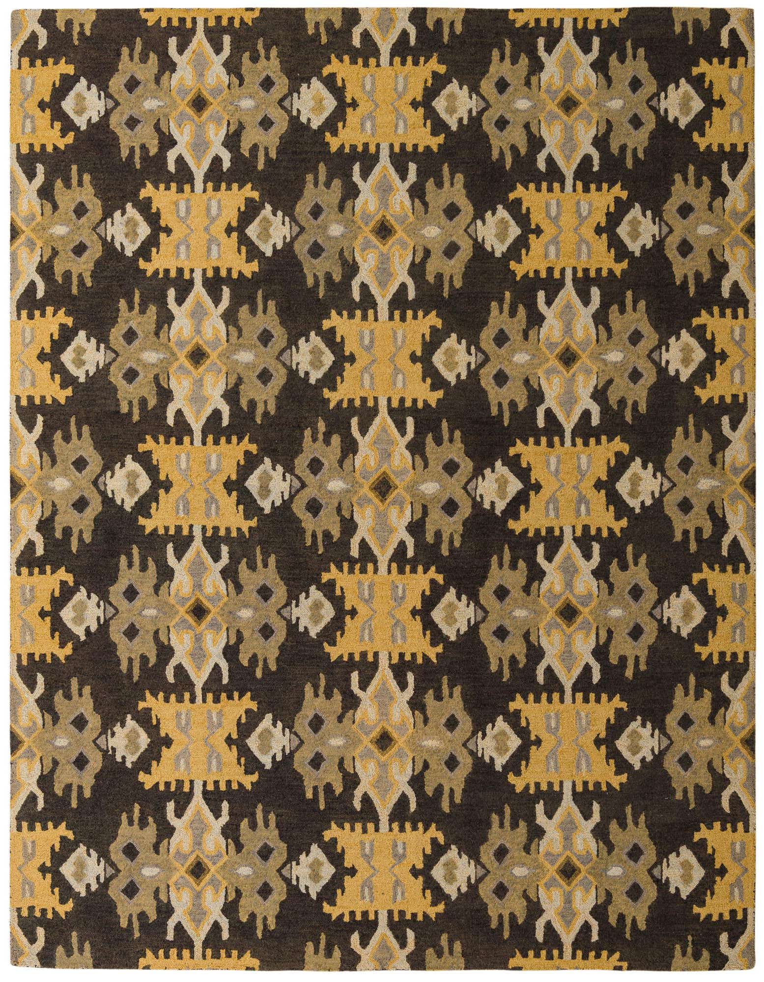 A rectangular 8x10 Luna rug featuring a modern abstract pattern in black, gold, and grey tones.