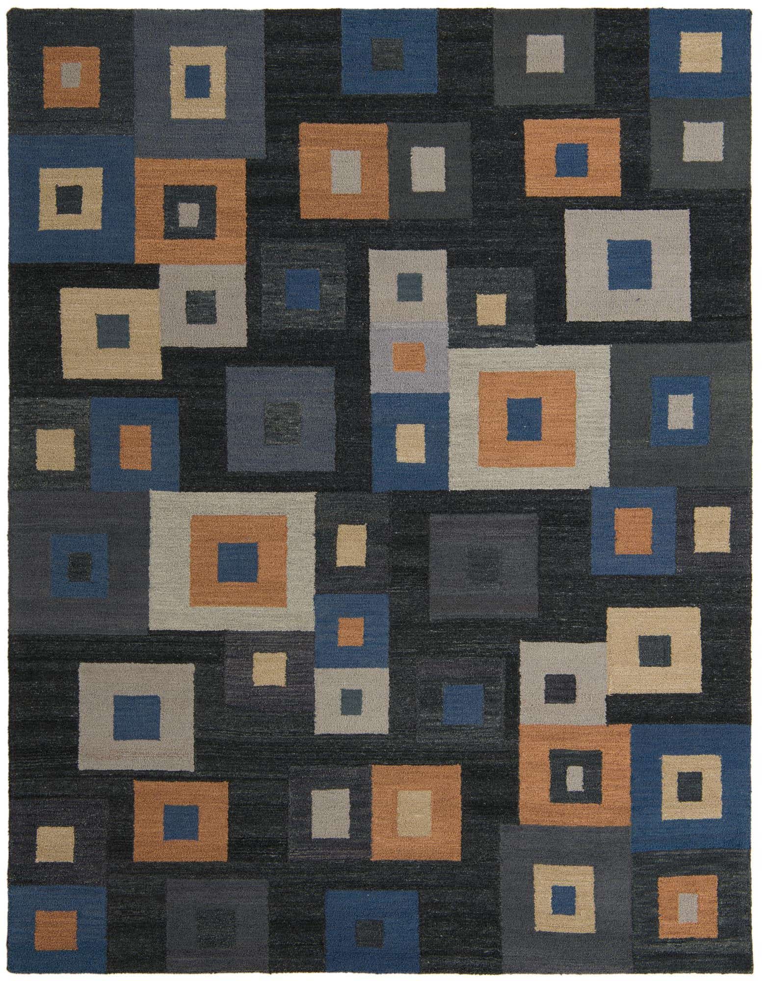 A rectangular 8x10 Luna rug featuring a modern geometric pattern of various sized squares in black, blue, brown, and beige.