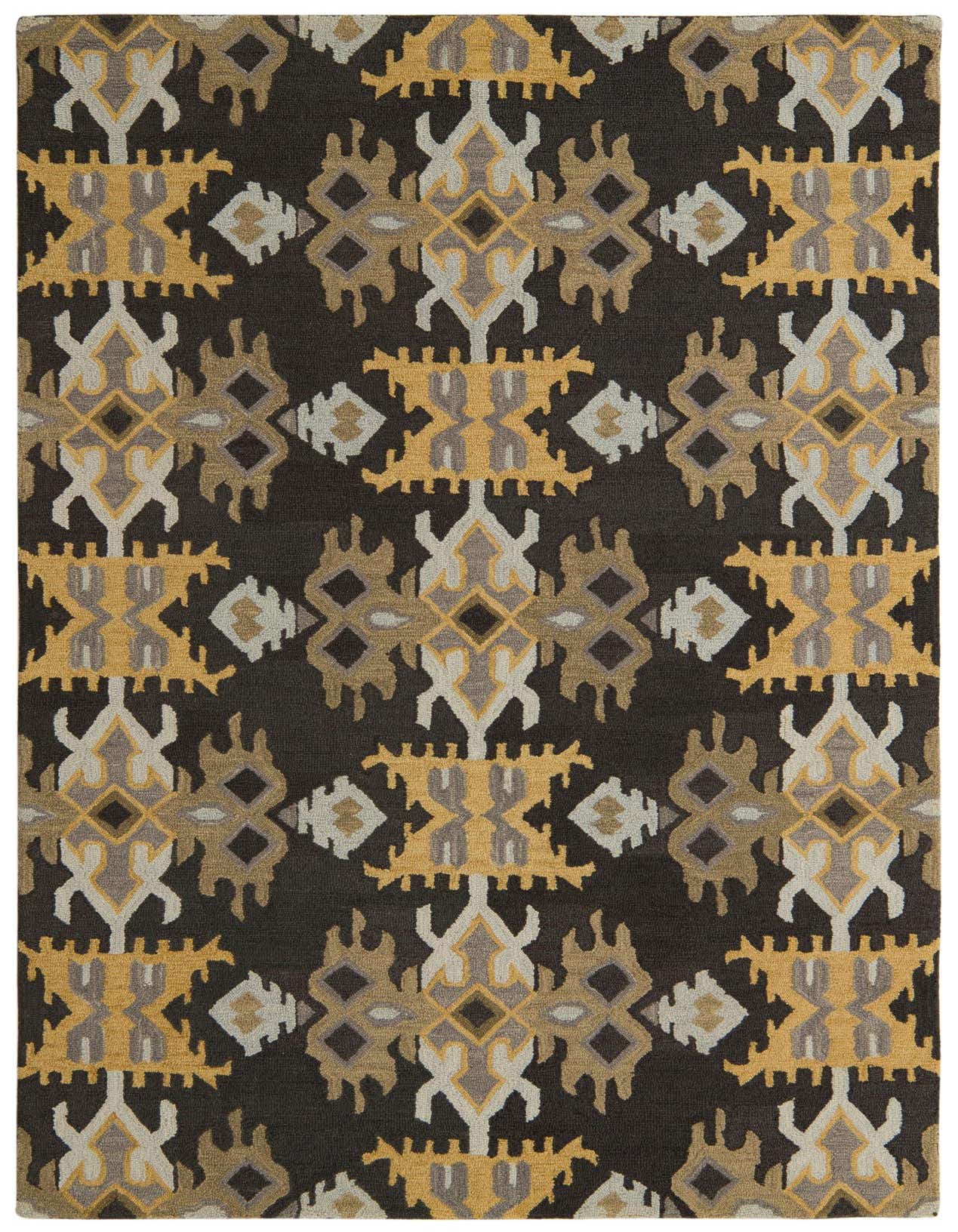 A 5x8 rectangular black wool rug featuring a bold, repeating geometric pattern in mustard yellow, light gray, and brown tones.