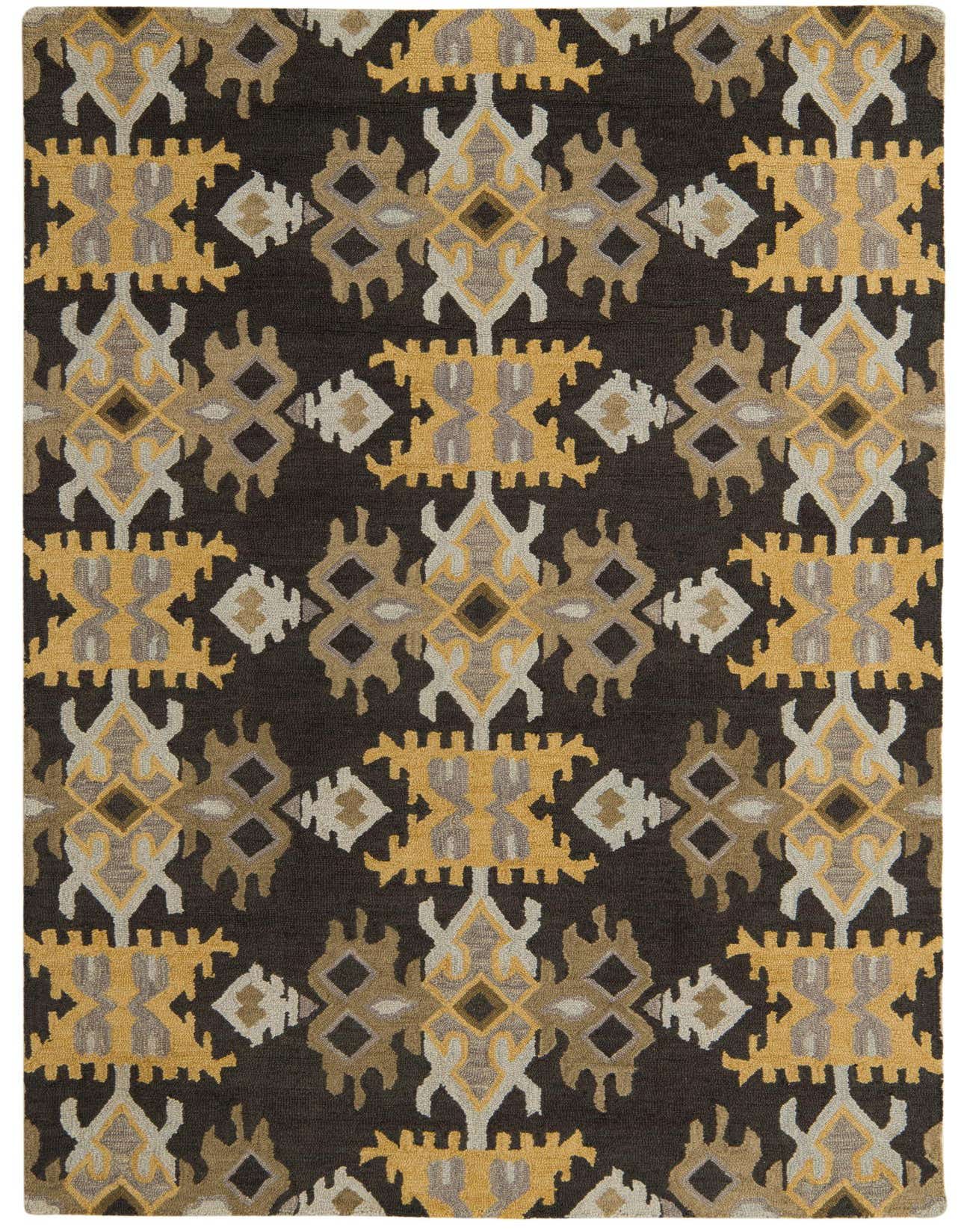 A 5x8 rectangular black area rug with a bold, repeating geometric pattern in mustard yellow, light gray, and brown tones.
