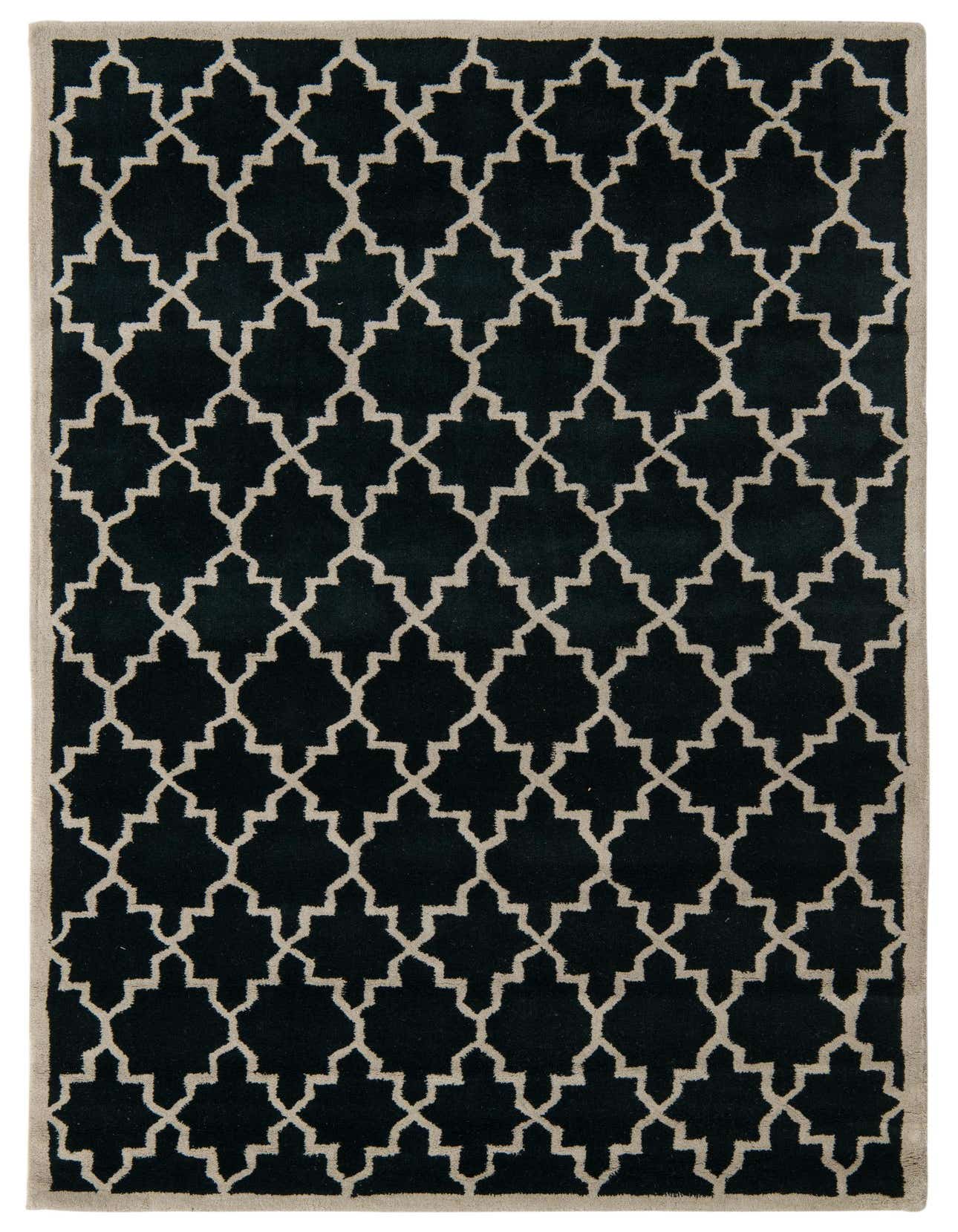 A 5x8 rectangular black wool rug with a high pile and a light beige modern trellis pattern, suitable for an indoor living room.