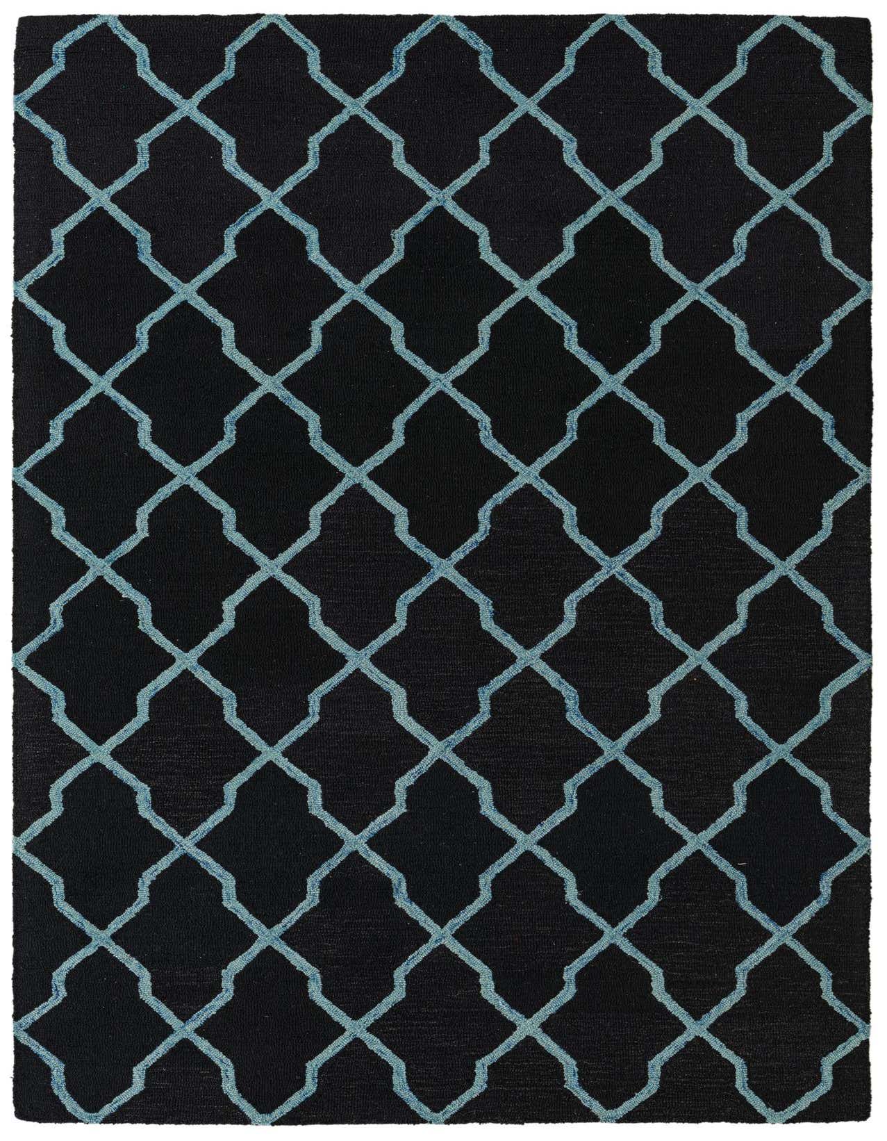 A 5x8 rectangular Luna rug by Rugs.com, featuring a black background with a repeating light blue abstract geometric pattern, ideal for a modern living room or bedroom.