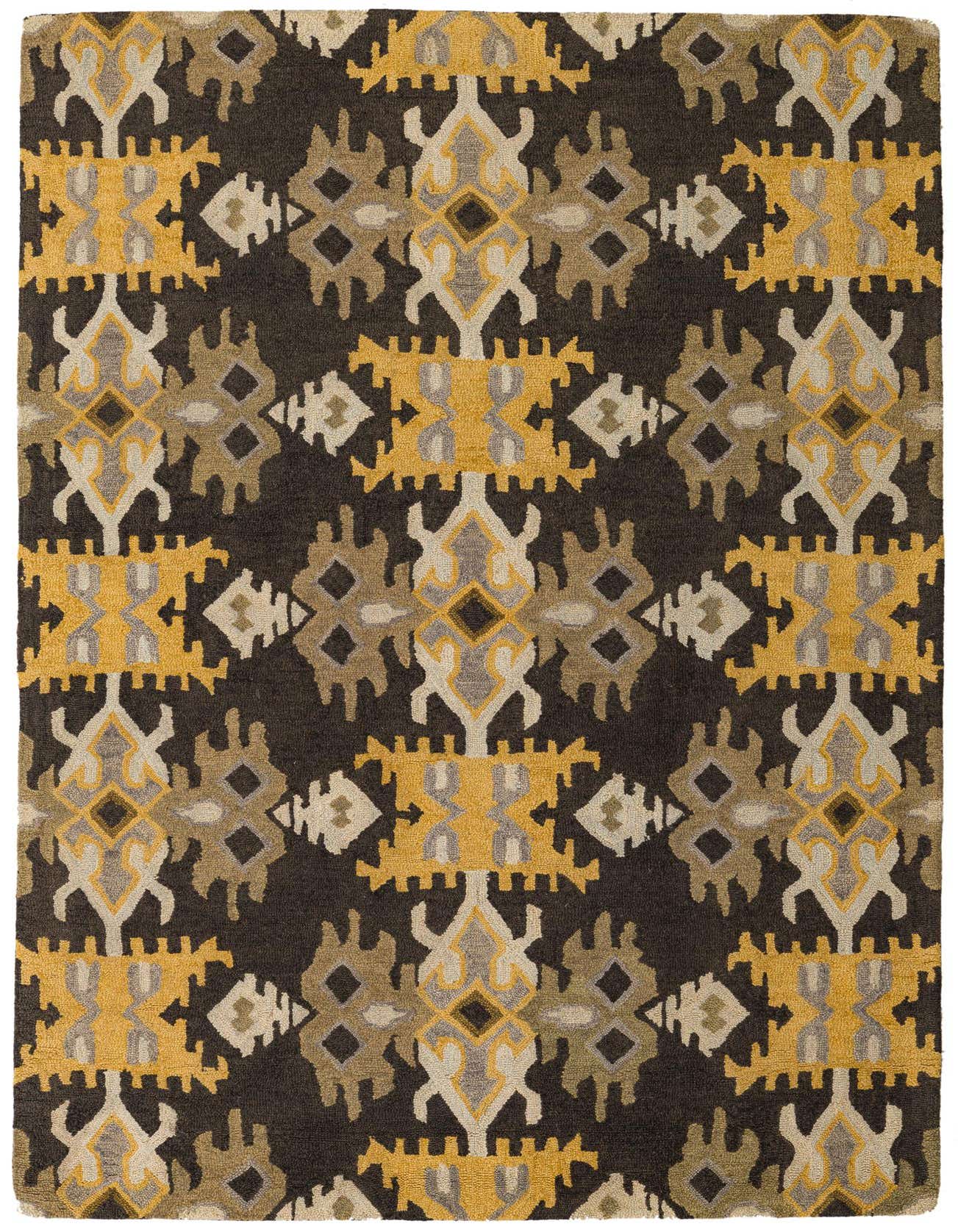 A 5x8 rectangular Luna rug by Rugs.com with a modern abstract pattern in black, gold, and grey.