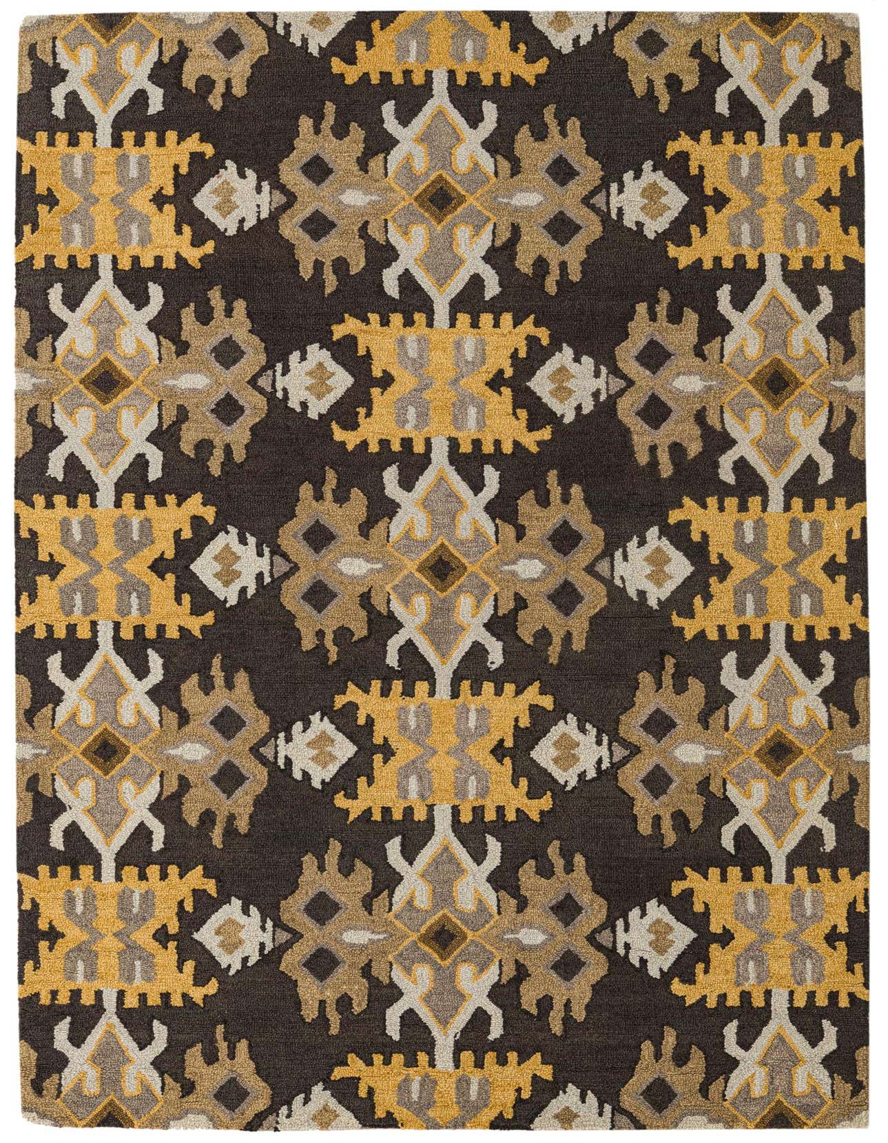 A 5x8 rectangular Luna rug with a high pile, featuring a modern abstract pattern in black, gold, and grey tones.
