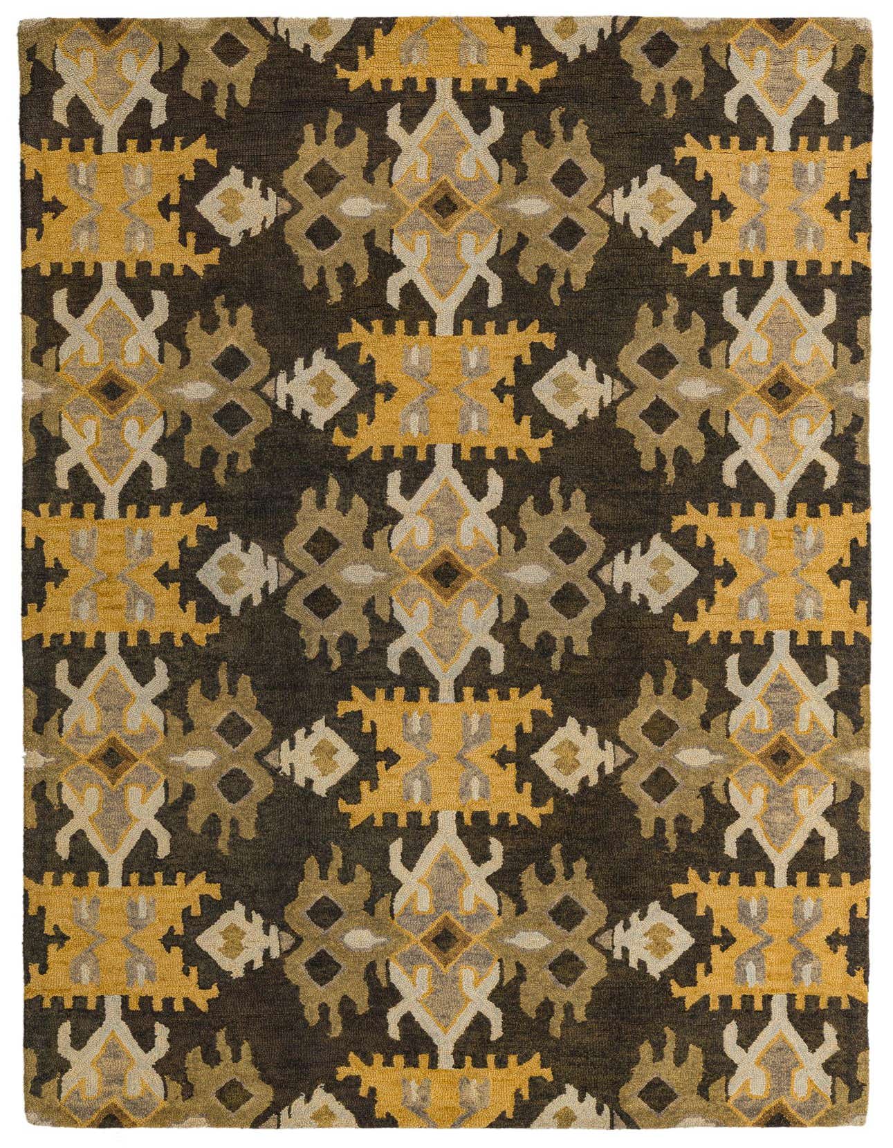 A 5x8 rectangular Luna rug by Rugs.com featuring a modern abstract pattern in black, gold, and beige.