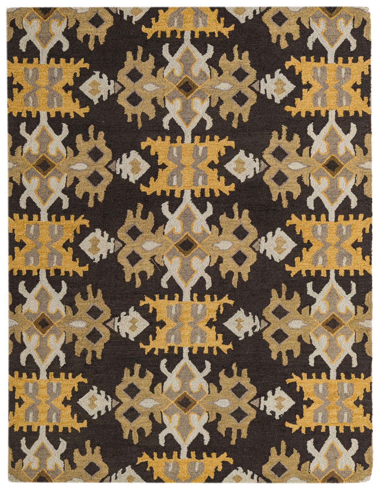A rectangular 5x8 Luna Collection rug with a modern abstract pattern in black, gold, and beige.