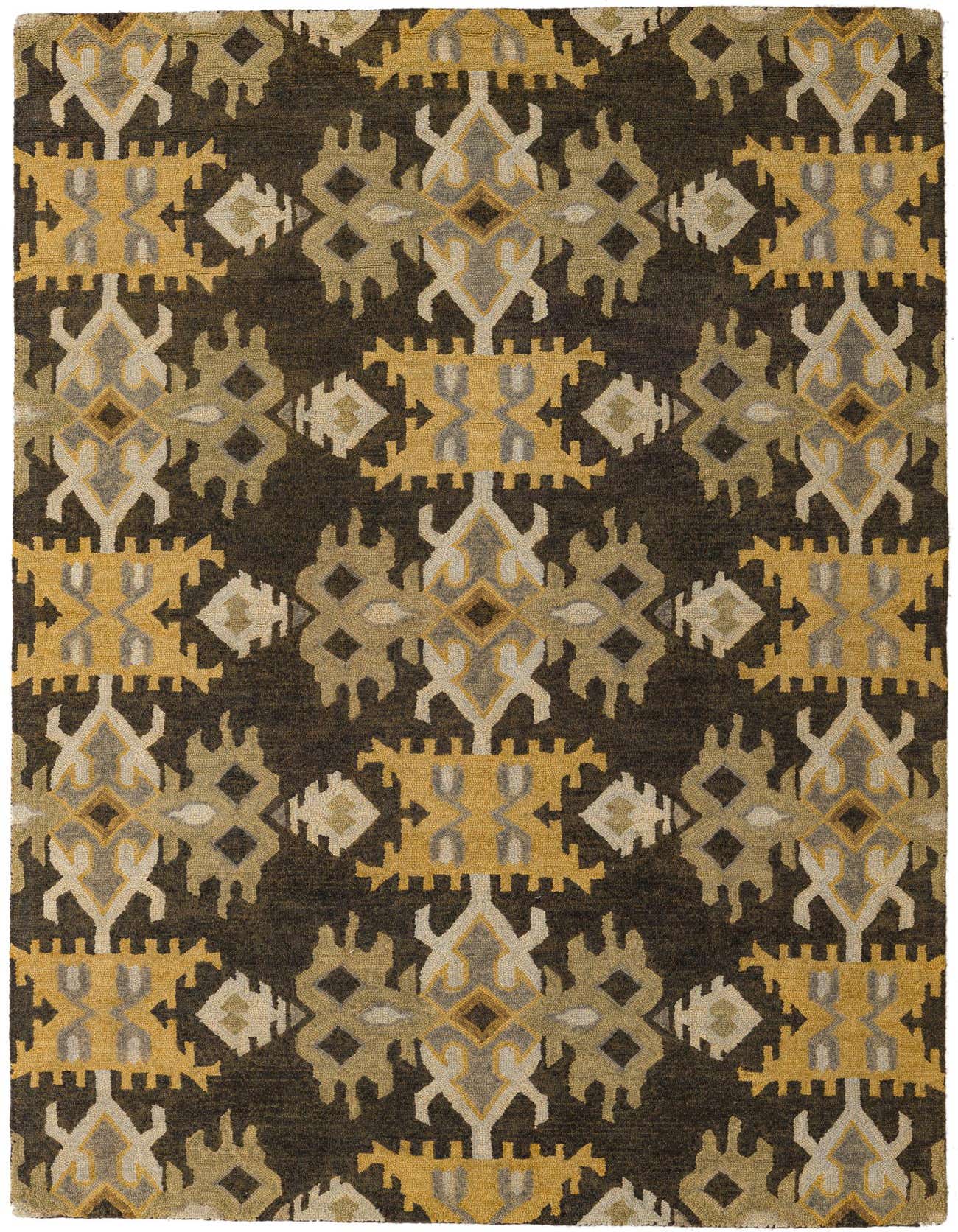 A 5x8 rectangular black rug with a modern abstract pattern in gold, grey, and cream, suitable for a living room.