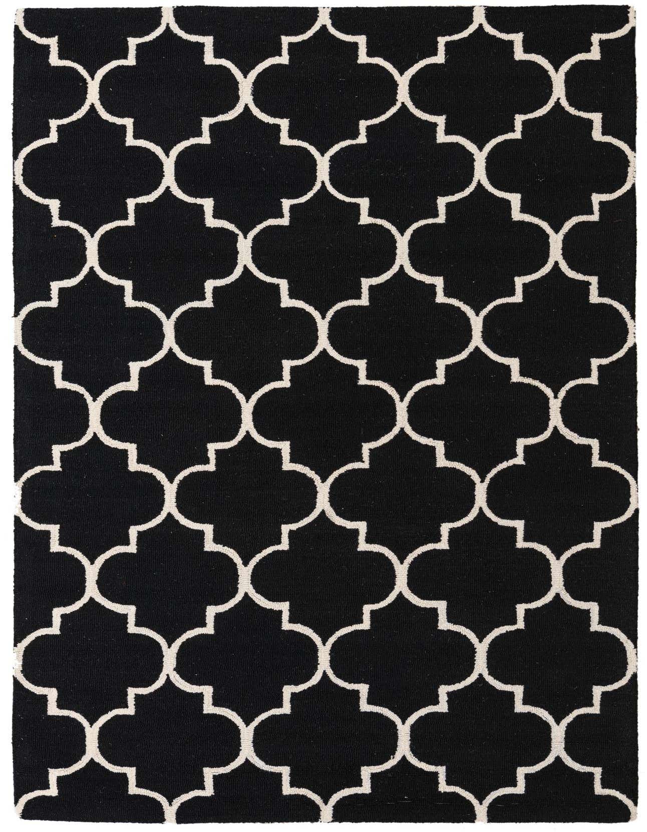 A 5x8 rectangular black wool rug with a repeating white modern abstract quatrefoil pattern, ideal for a living room or bedroom.