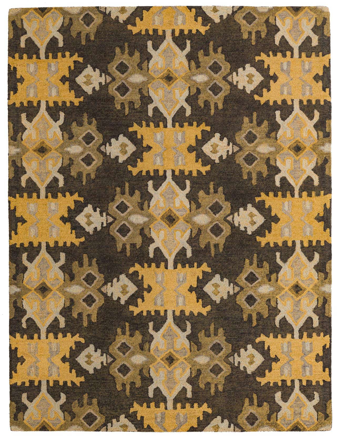 A rectangular 5x8 Luna Collection rug with a modern abstract pattern in black, gold, and beige.