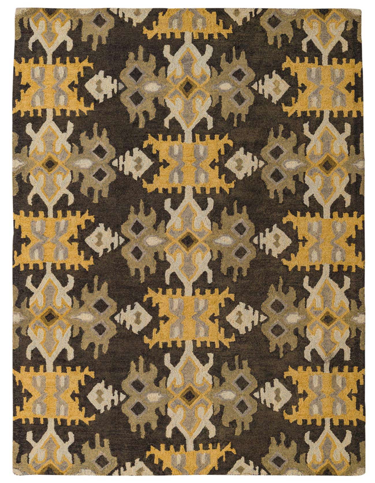A rectangular 5x8 Luna Collection wool rug featuring a modern abstract pattern in black, gold, and cream.