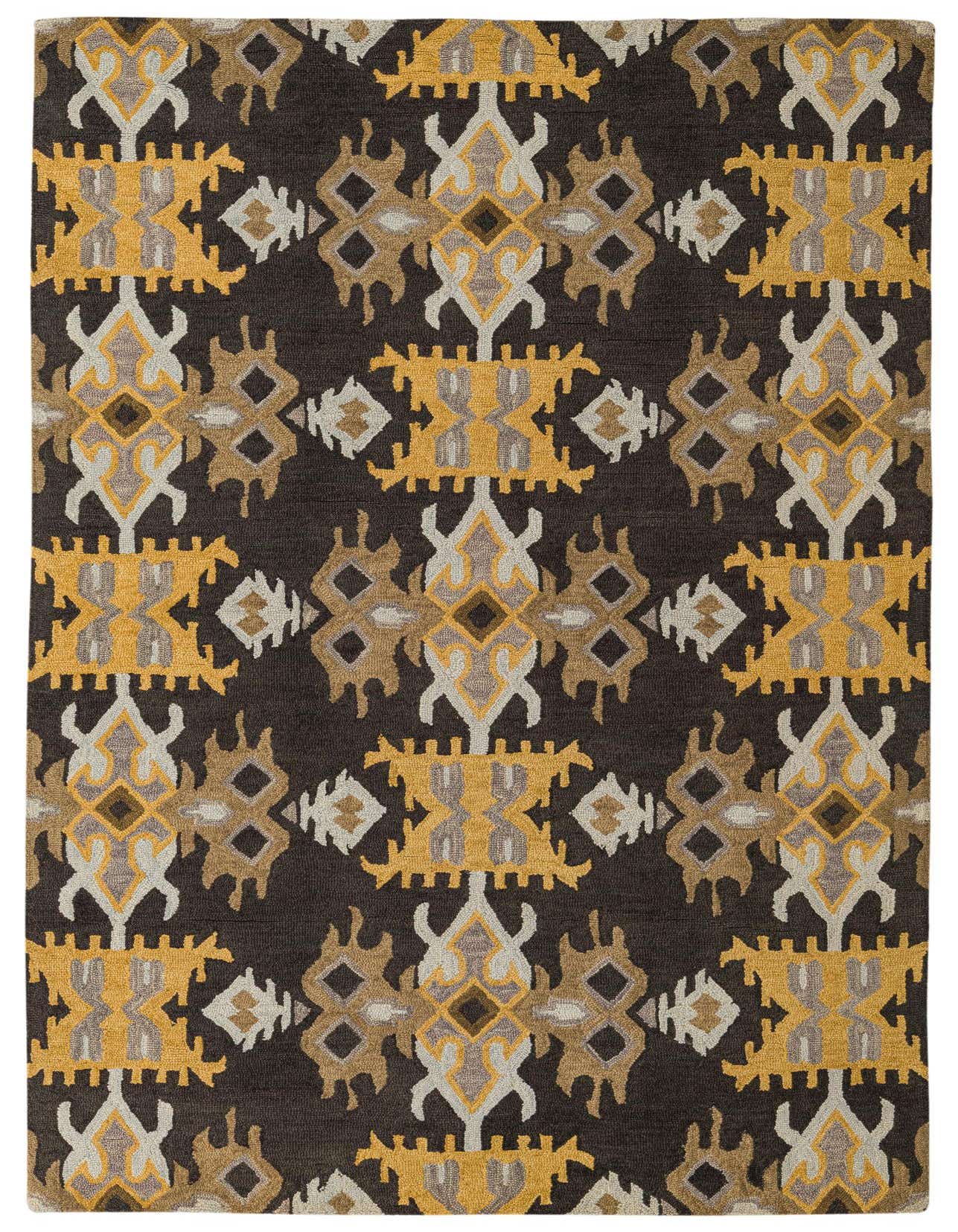 A rectangular 5x8 Luna rug by Rugs.com with a modern abstract pattern in black, gold, and grey tones.