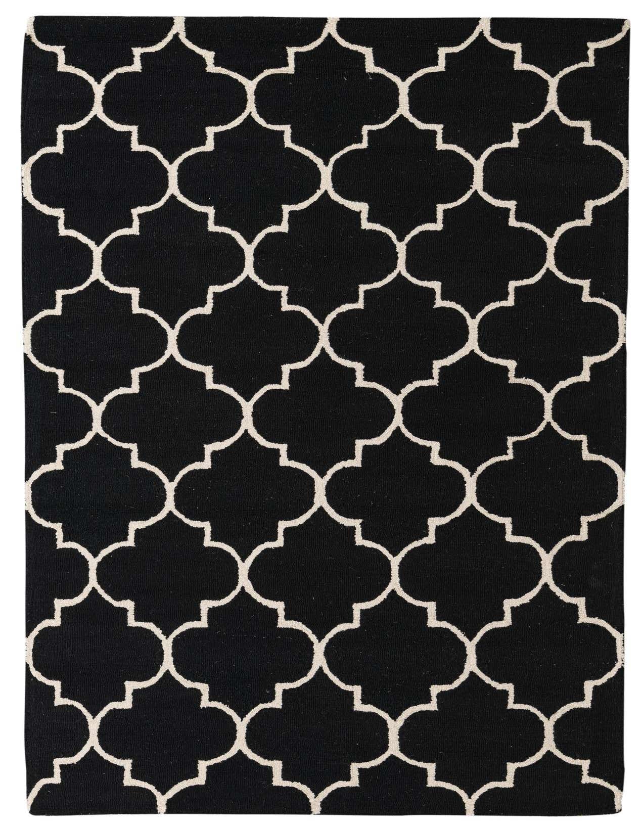 A 5x8 rectangular black wool rug with a repeating white modern abstract trellis pattern, ideal for a living room.