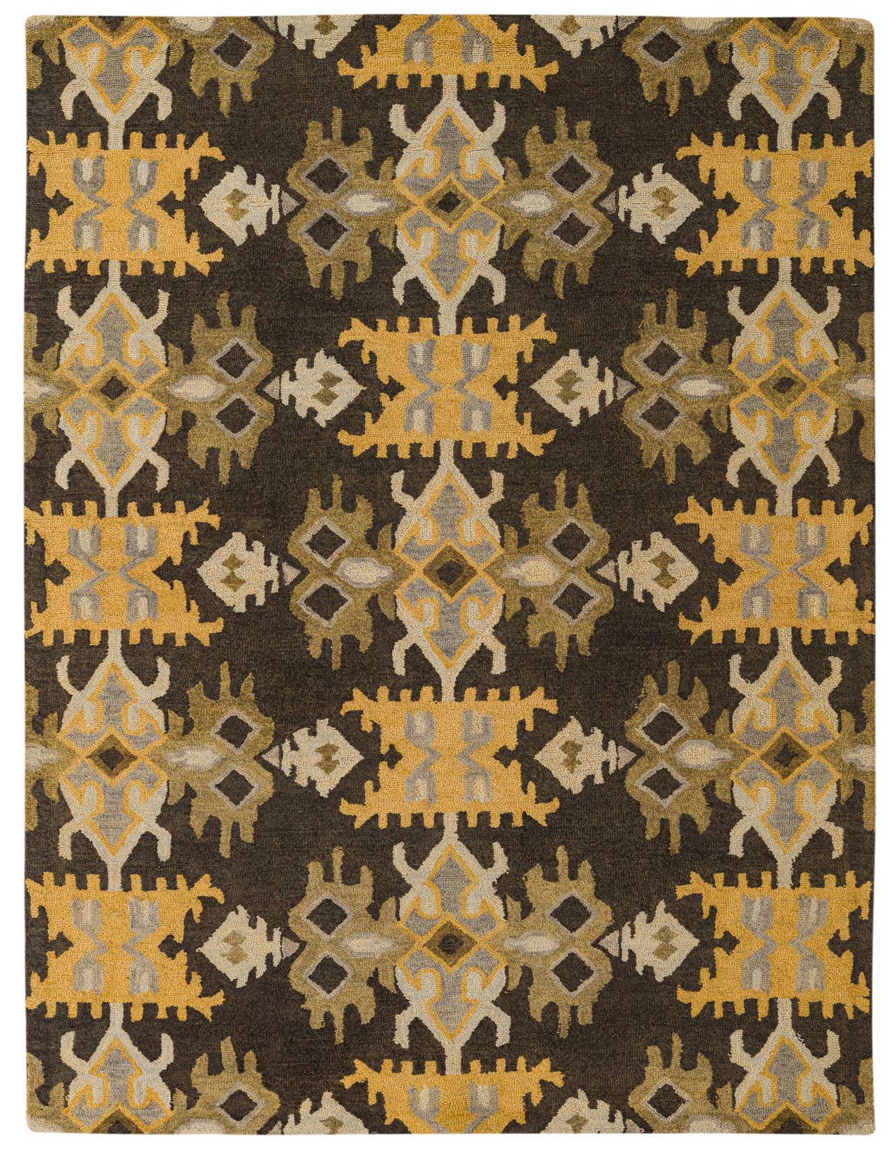 A 5x8 rectangular black rug with a modern abstract pattern in mustard yellow, light gray, and olive green, suitable for a living room.