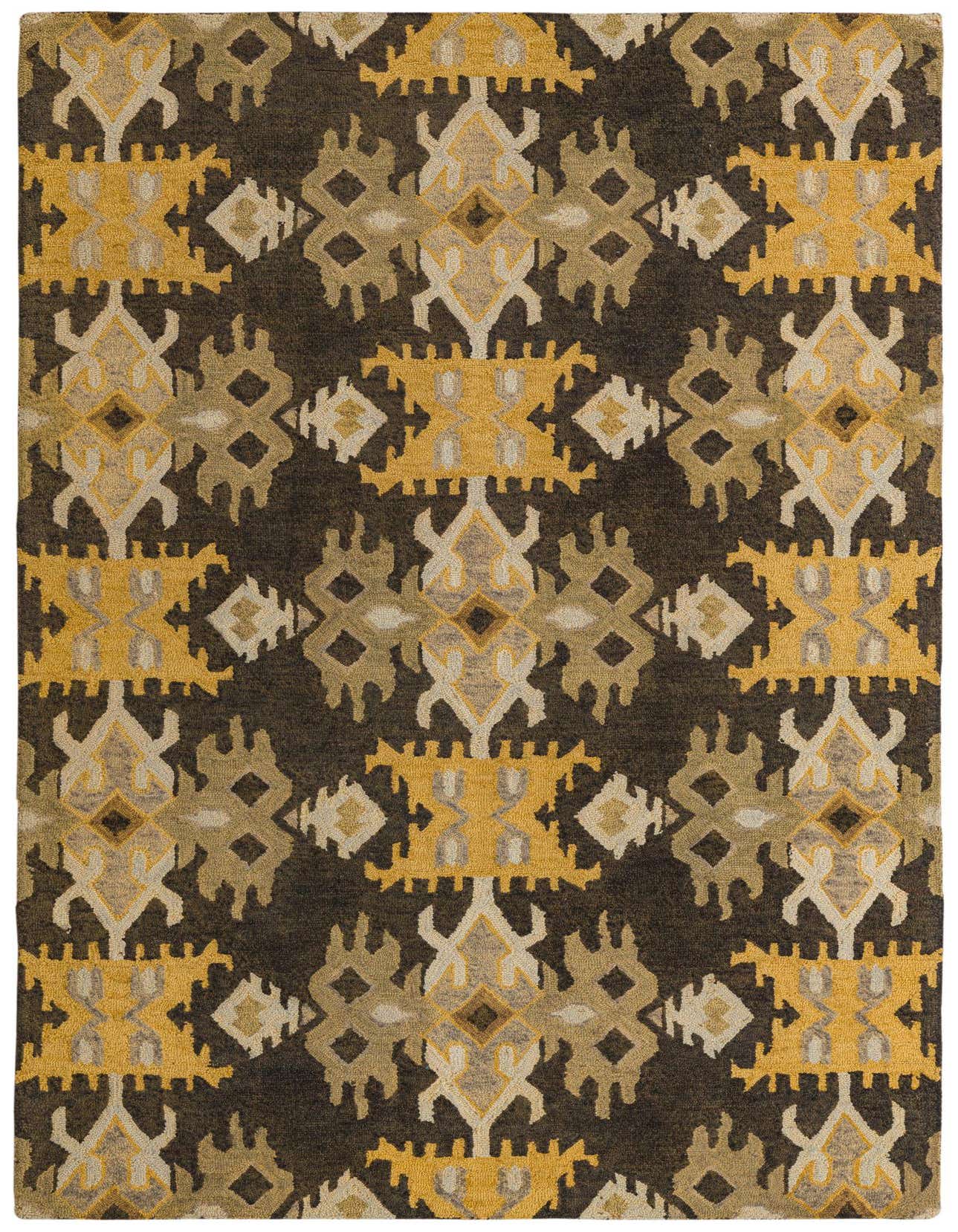A 5x8 rectangular Luna rug by Rugs.com with a modern abstract pattern in black, gold, and beige.