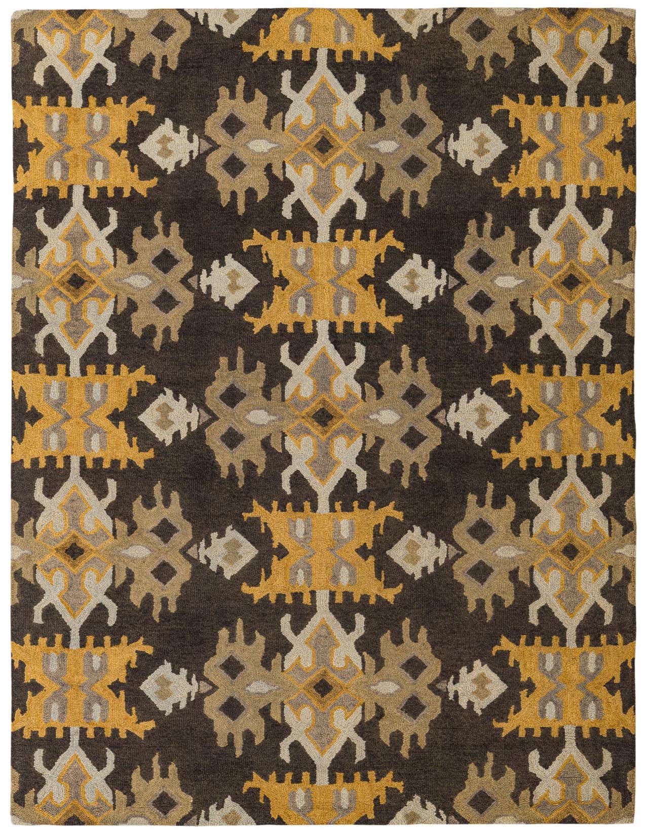A 5x8 rectangular Luna Collection rug featuring a modern abstract pattern in black, gold, and beige tones.