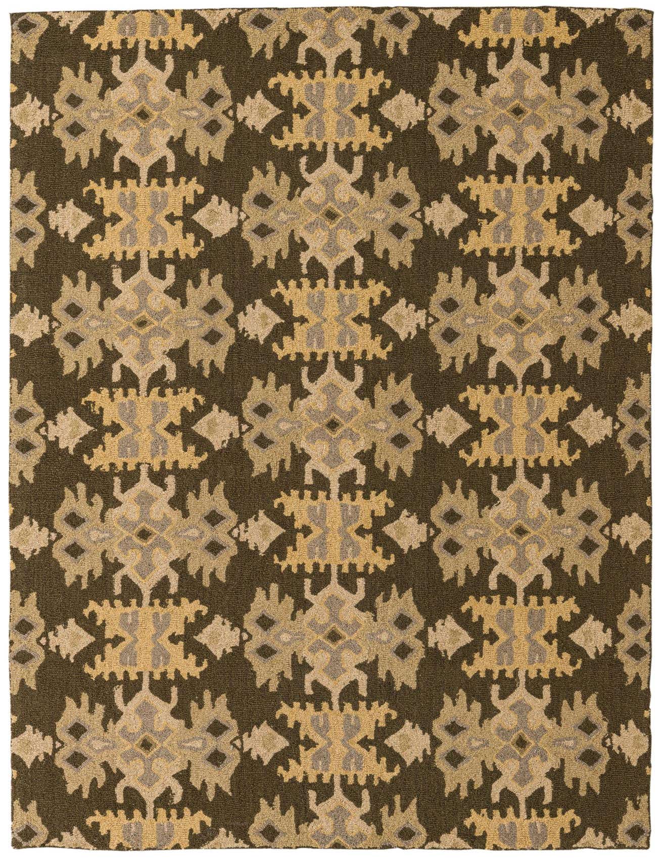 A rectangular 5x8 Luna rug by Rugs.com with a modern abstract pattern in black, gold, and beige.