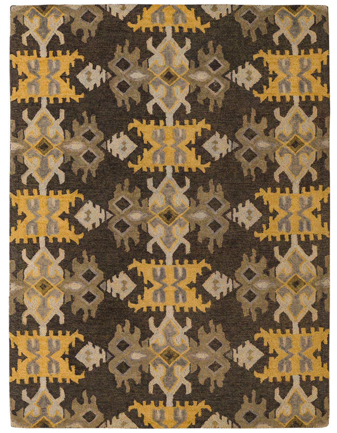 A 5x8 rectangular black rug with a modern abstract pattern in yellow, grey, and beige tones.