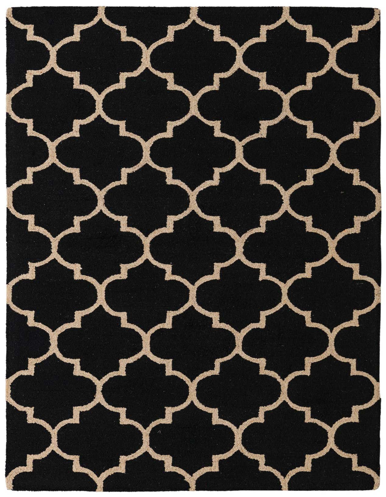 A 5x8 rectangular black wool rug with a repeating beige modern abstract quatrefoil pattern, suitable for a living room.