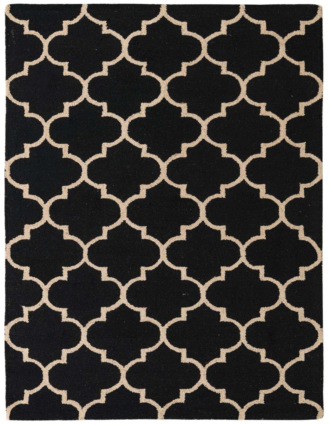 A 5x8 rectangular black wool rug with a repeating beige modern abstract quatrefoil pattern, suitable for a living room.