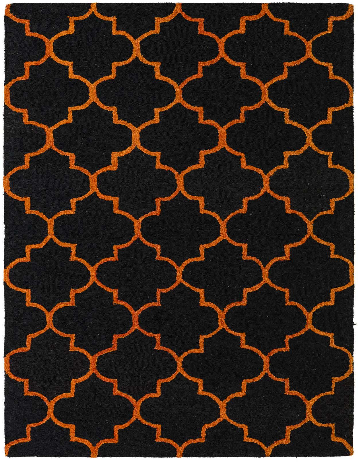 A 5x8 rectangular black wool rug with a bold orange modern abstract quatrefoil pattern, ideal for a living room.