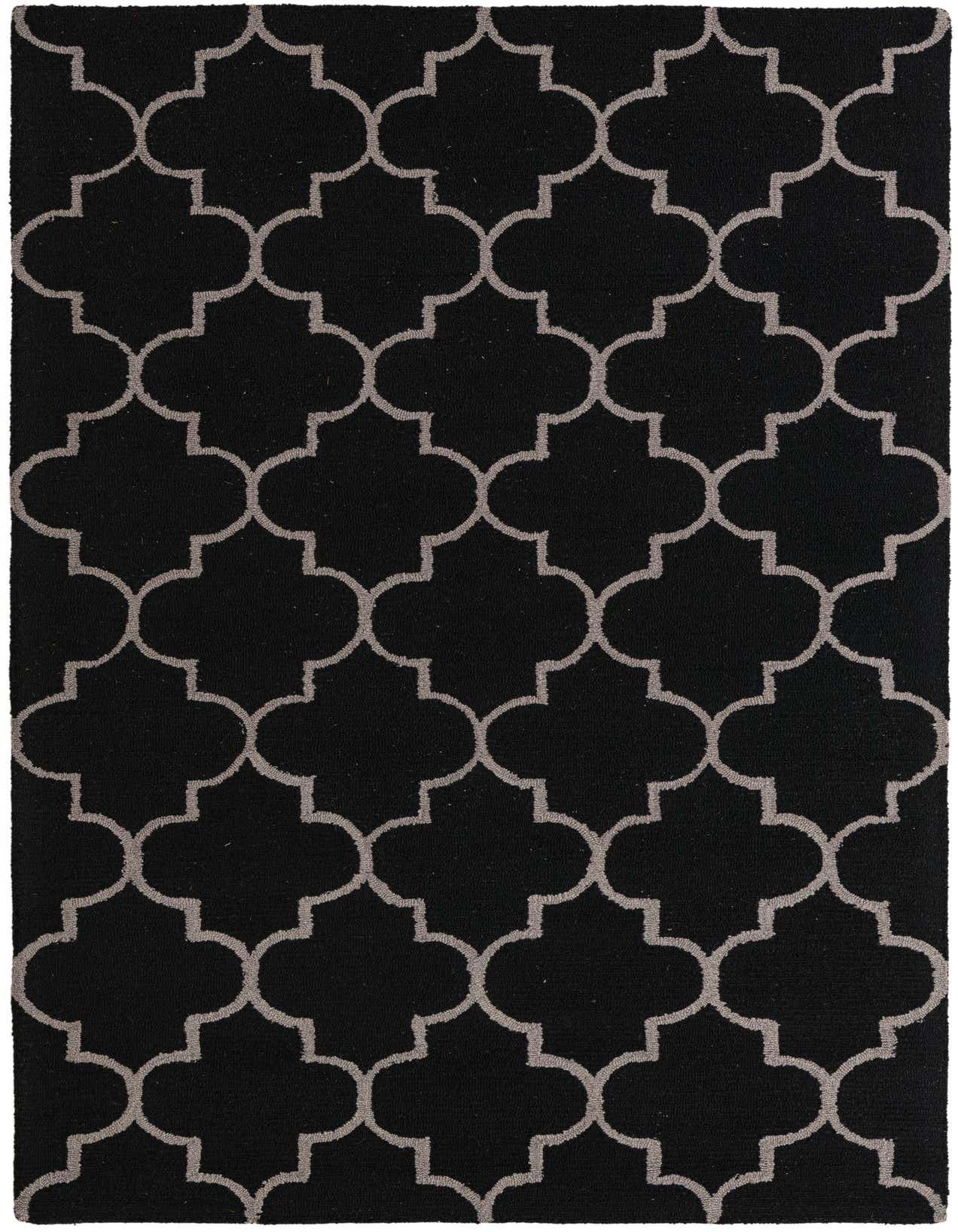 A 5x8 rectangular Luna rug by Rugs.com, featuring a black background with a repeating gray modern abstract quatrefoil pattern.