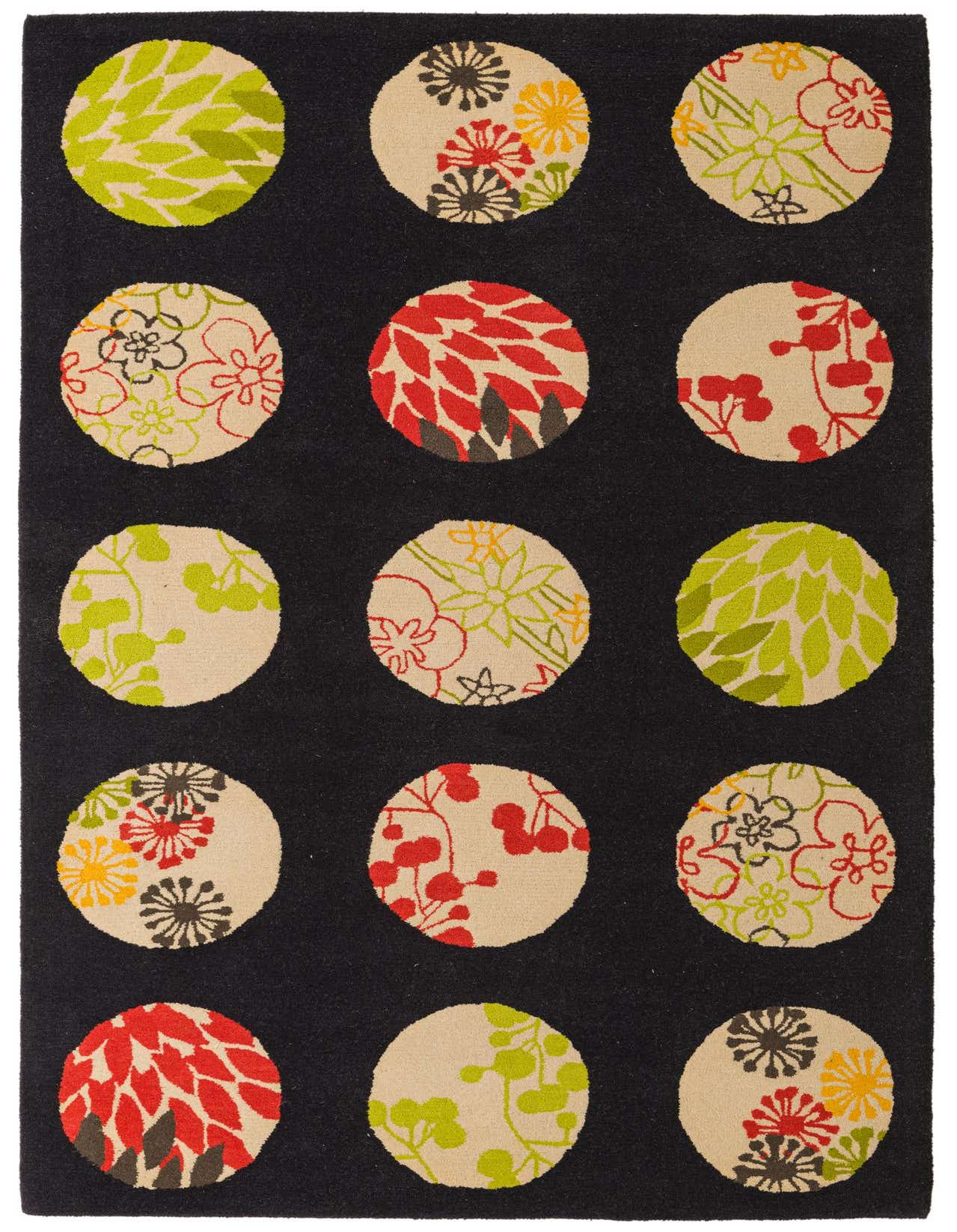 A 5x8 rectangular black wool rug featuring large, colorful modern abstract circles with floral and leaf patterns.