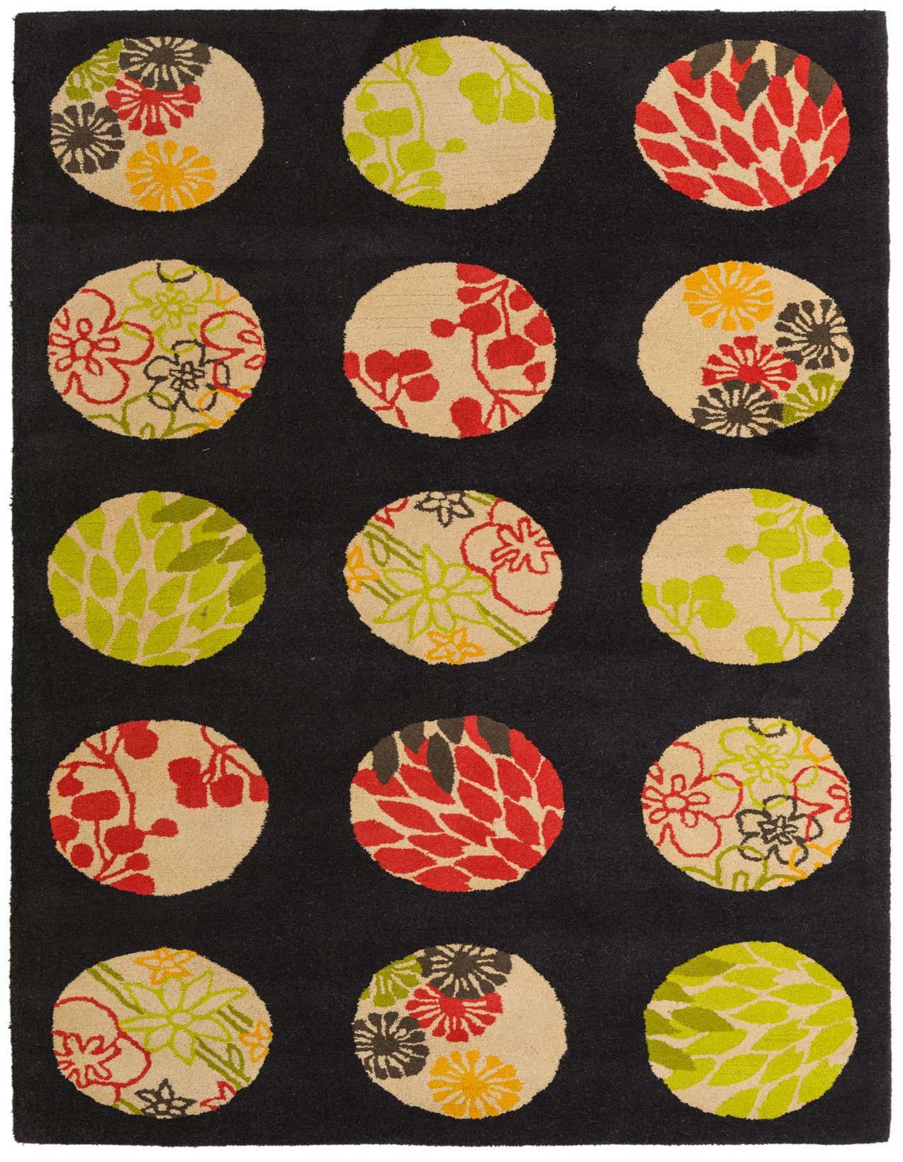 A 5x8 rectangular black wool rug featuring a modern abstract design of large, colorful polka dots with floral and leaf patterns.