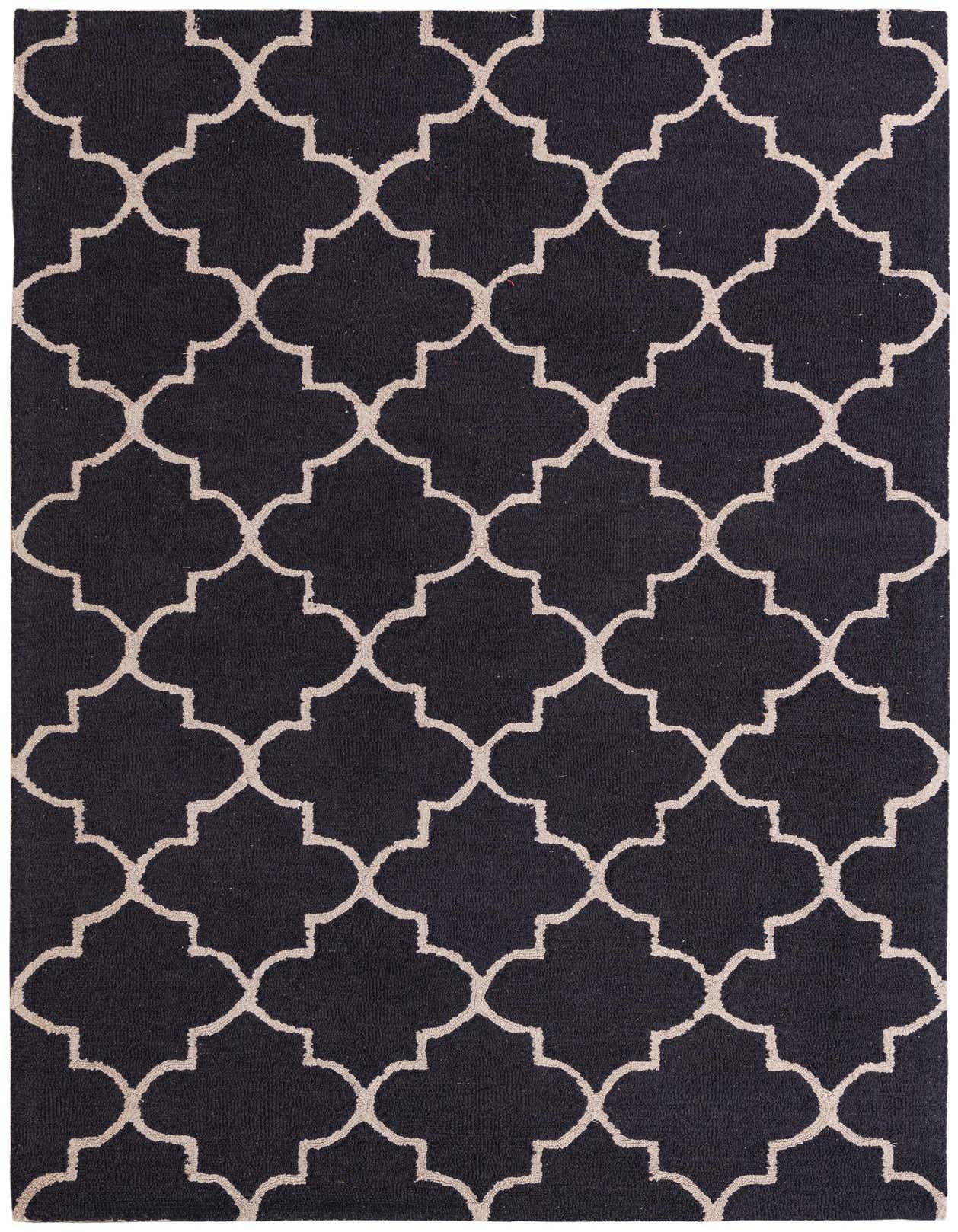 A 5x8 rectangular black wool rug with a high pile, featuring a modern abstract trellis pattern in light beige.