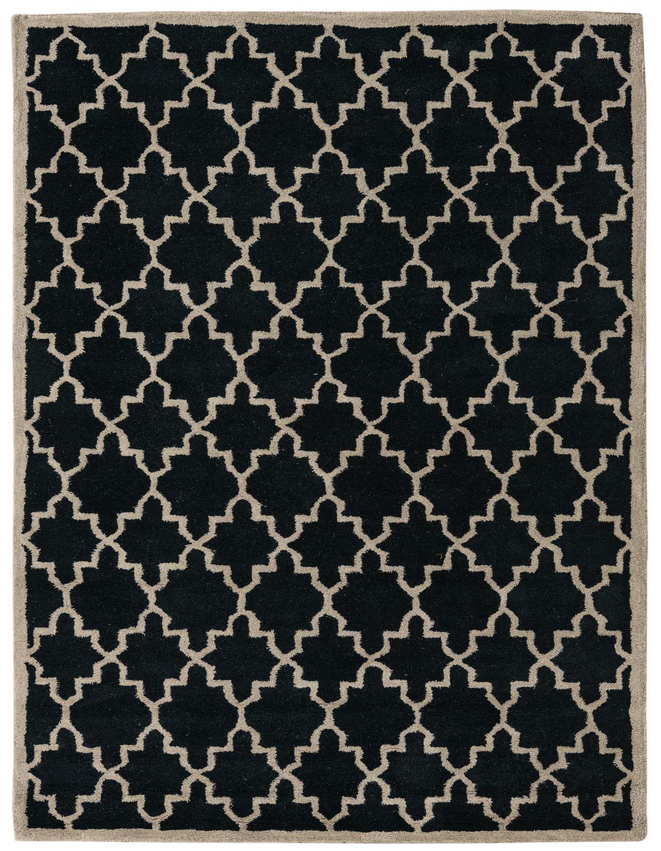 A 5x8 rectangular black wool rug with a repeating light beige modern abstract pattern and a subtle border.
