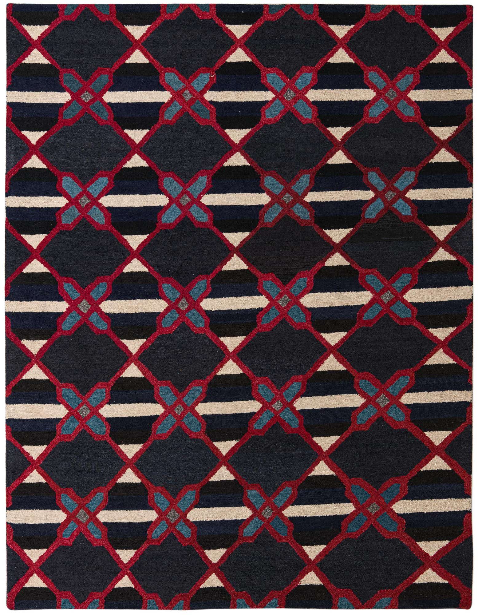 8x10 rectangular Luna rug with a modern abstract pattern in black, red, blue, and cream.