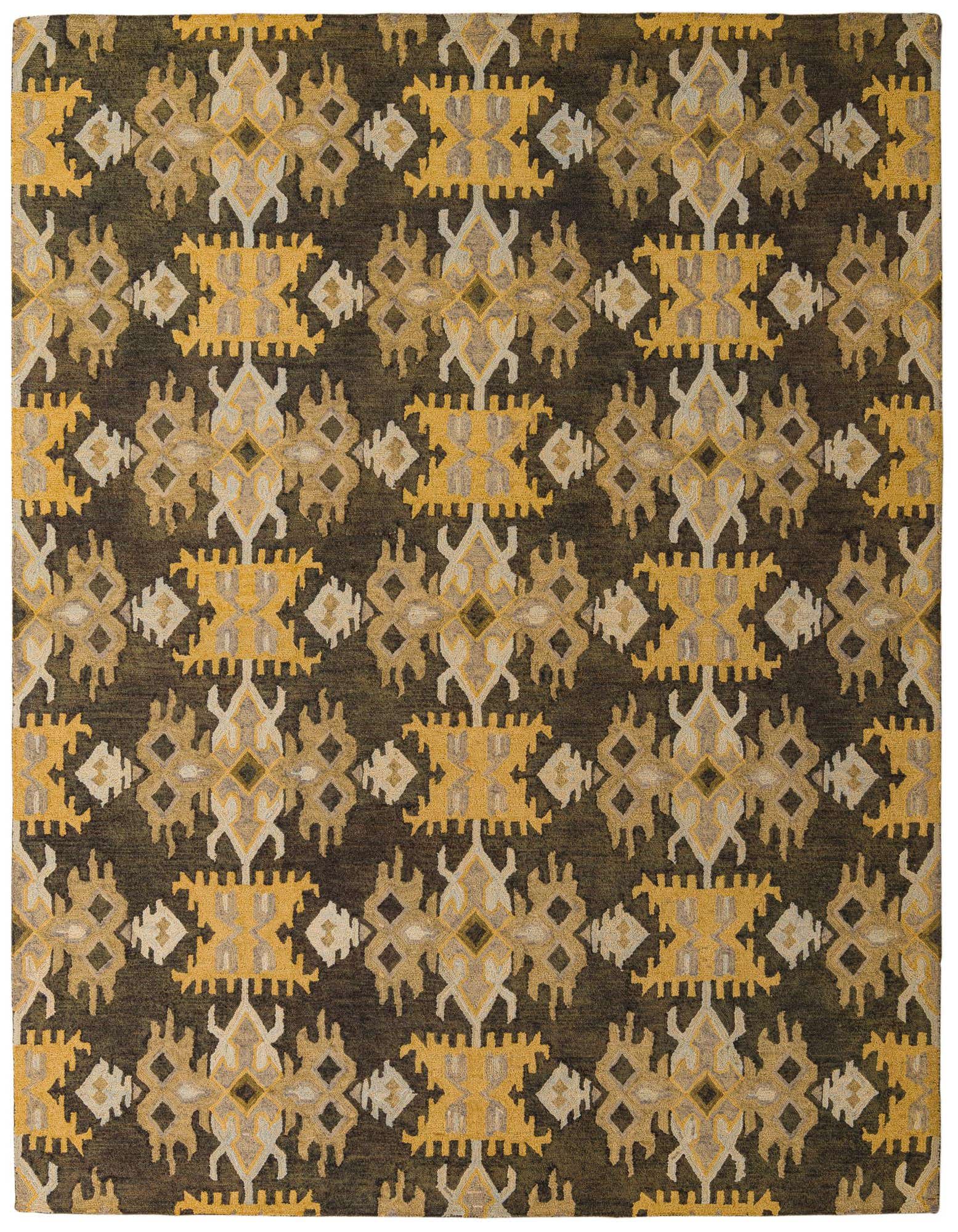 An 8x10 rectangular Luna Collection rug featuring a modern abstract pattern in black, gold, and cream tones.