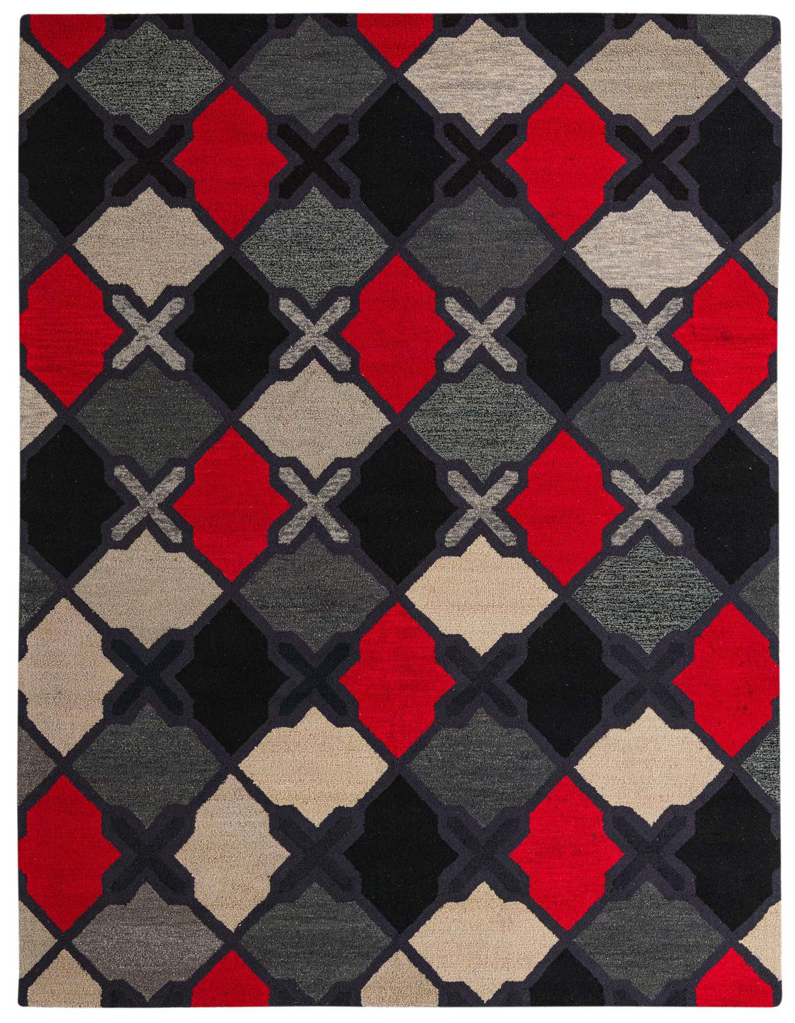 A rectangular 8x10 Luna rug featuring a bold modern abstract pattern in black, red, grey, and beige.