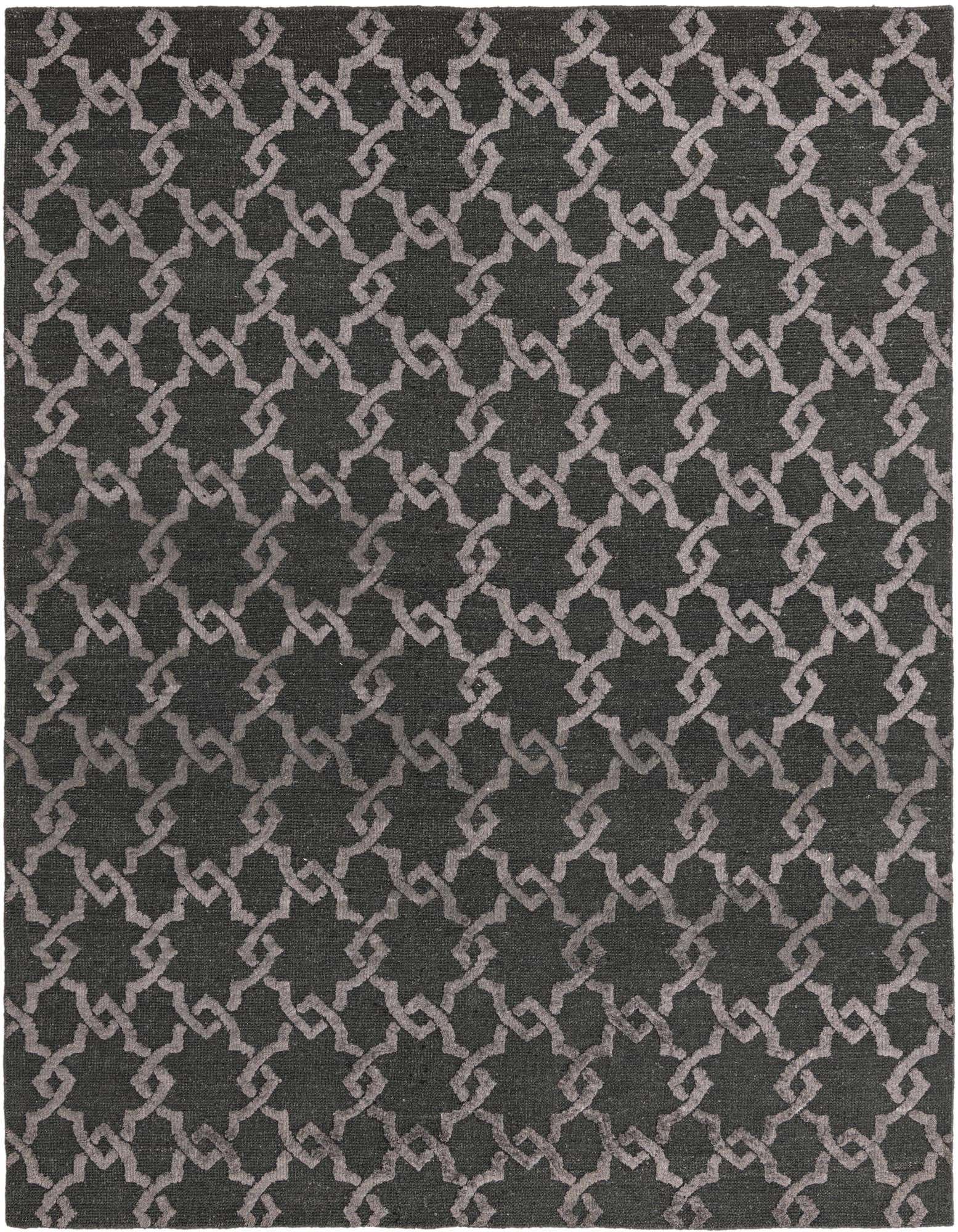 8x10 rectangular Luna Collection rug with a modern black and dark grey interlocking geometric pattern, suitable for a living room.