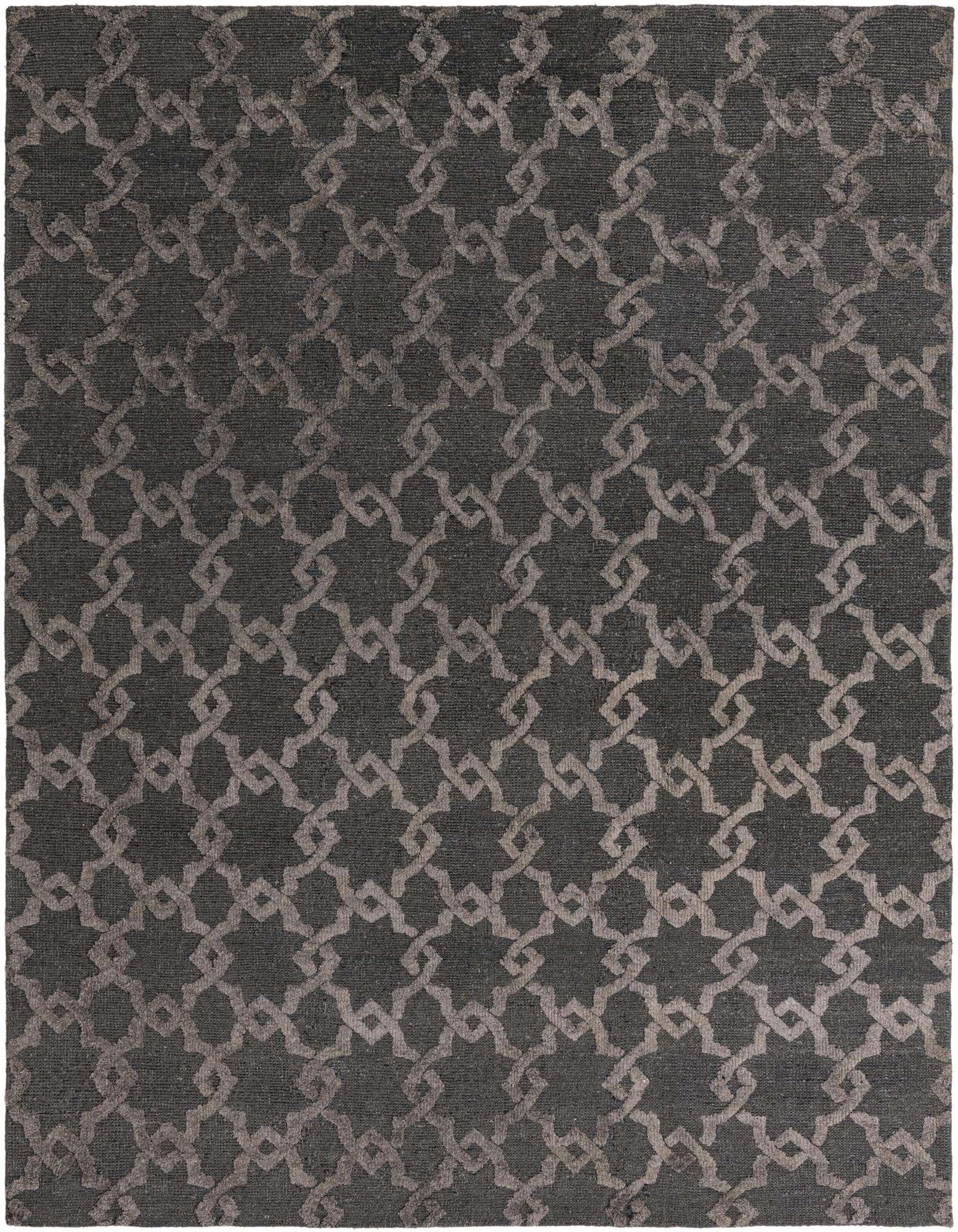 A rectangular 8x10 black modern area rug featuring a repeating geometric chain-link pattern in a slightly lighter charcoal tone.